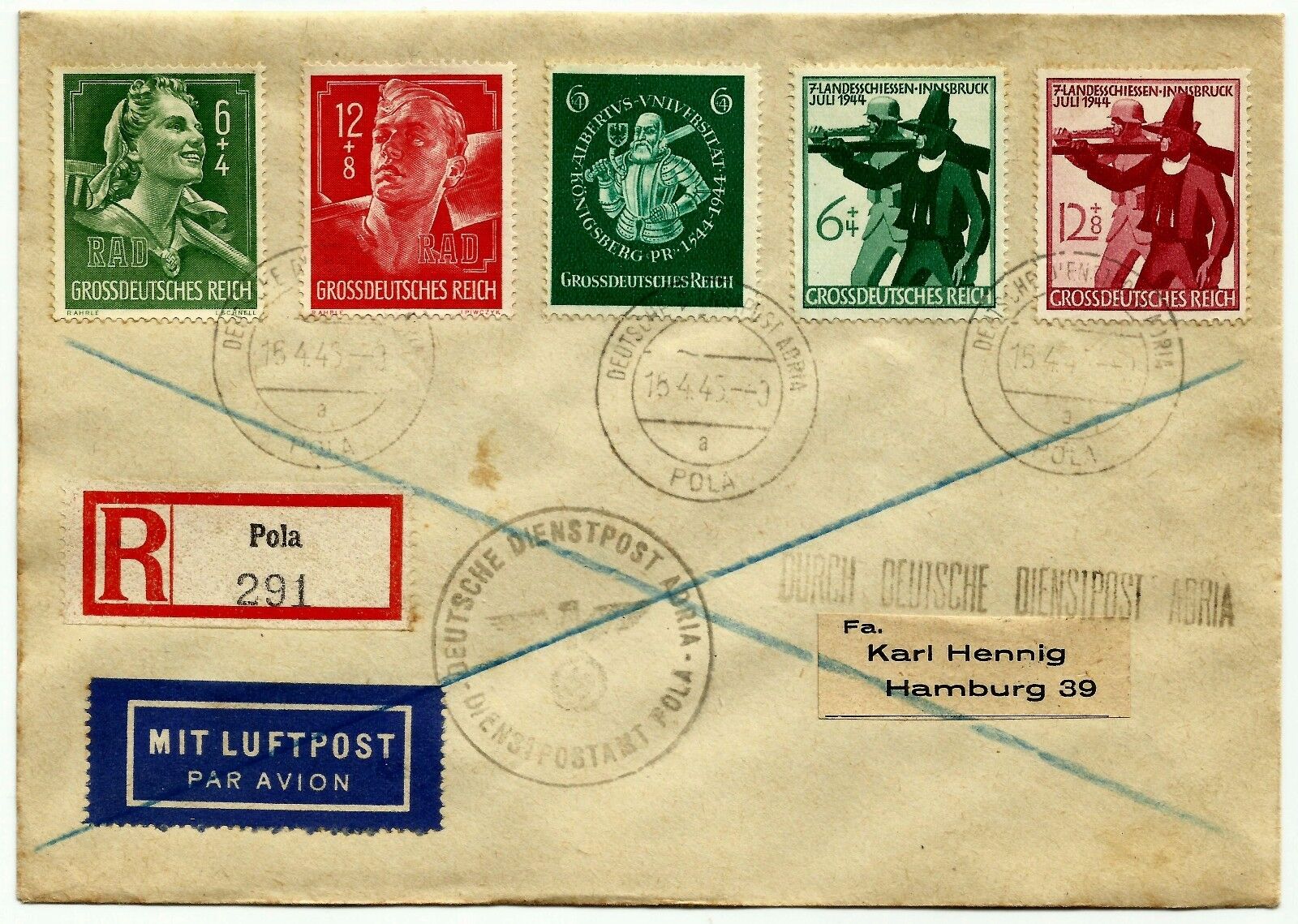 Germany 1945, cover from Pola to Hamburg, last days of WWII