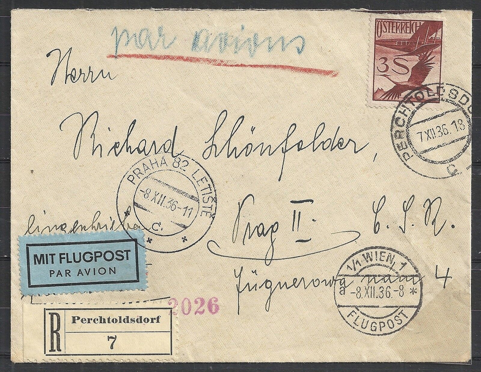 Austria 1936 YV Airmail 29 R-cover Perchtoldsdorf to Prag