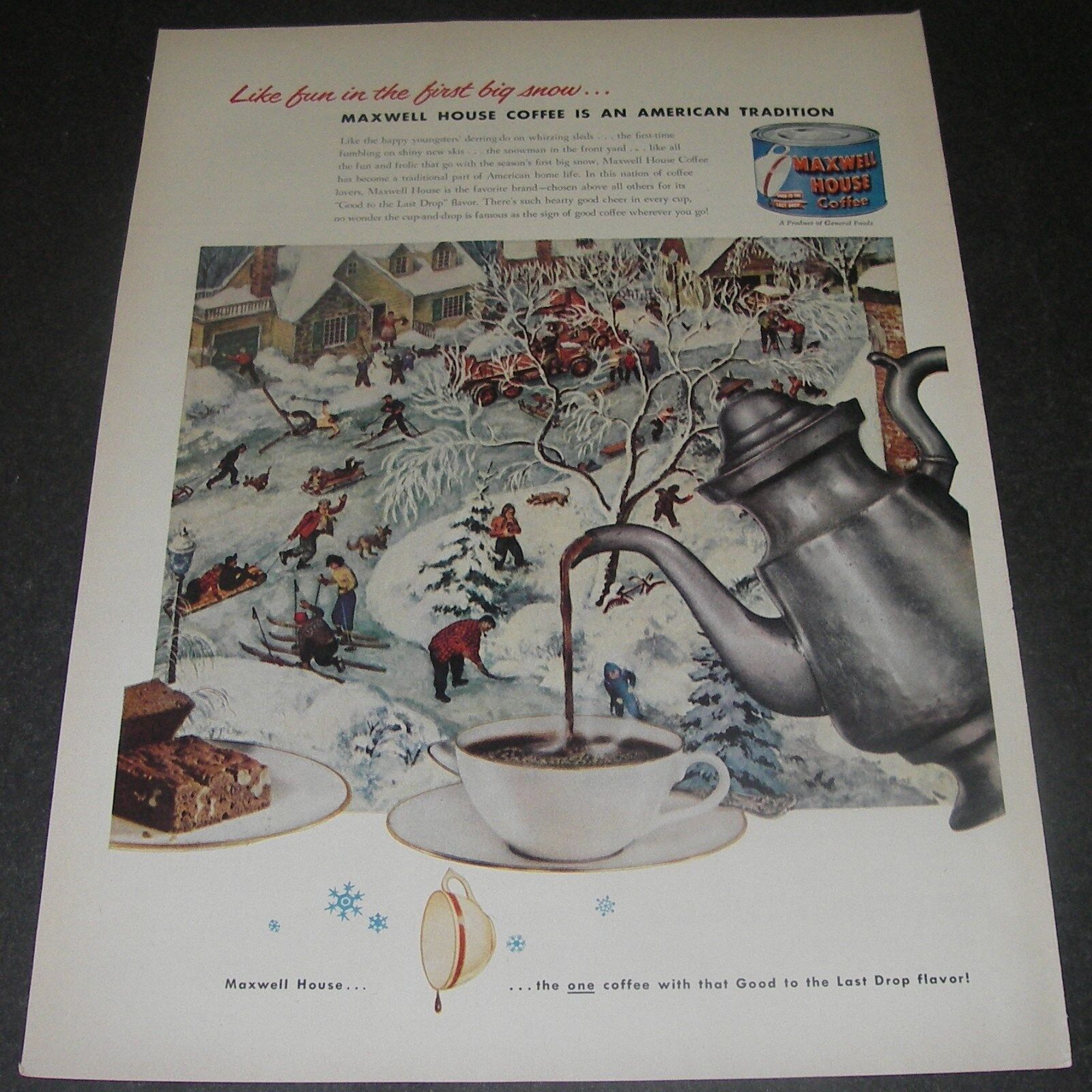 Print Ad 1952 COFFEE Maxwell House AMERICANA ART Fun in First Snow Winter