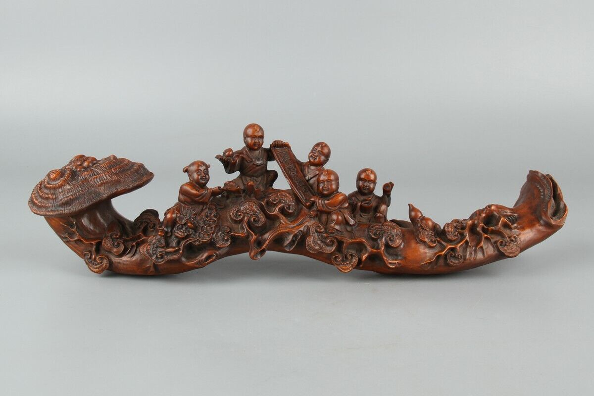 Chinese Exquisite Hand-carved children Ganoderma Carving Boxwood Ruyi statue