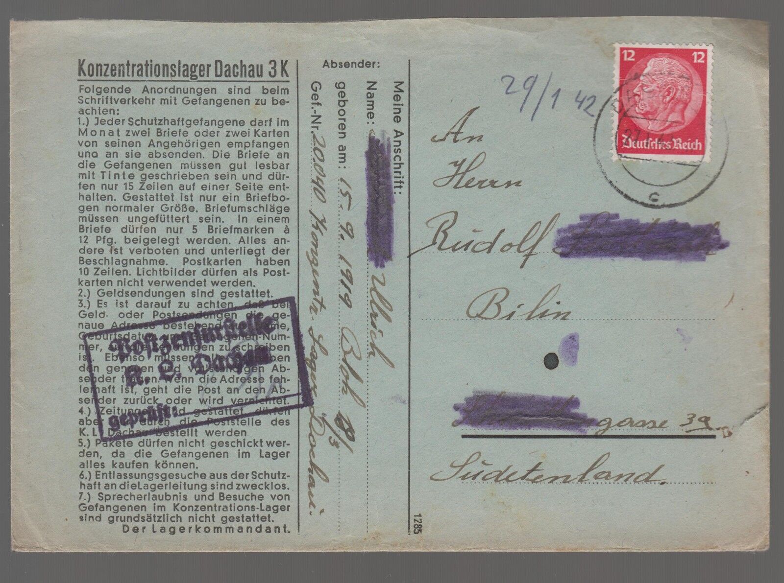 1943 Germany Dachau Concentration Camp KL Cover to Sudetenland 