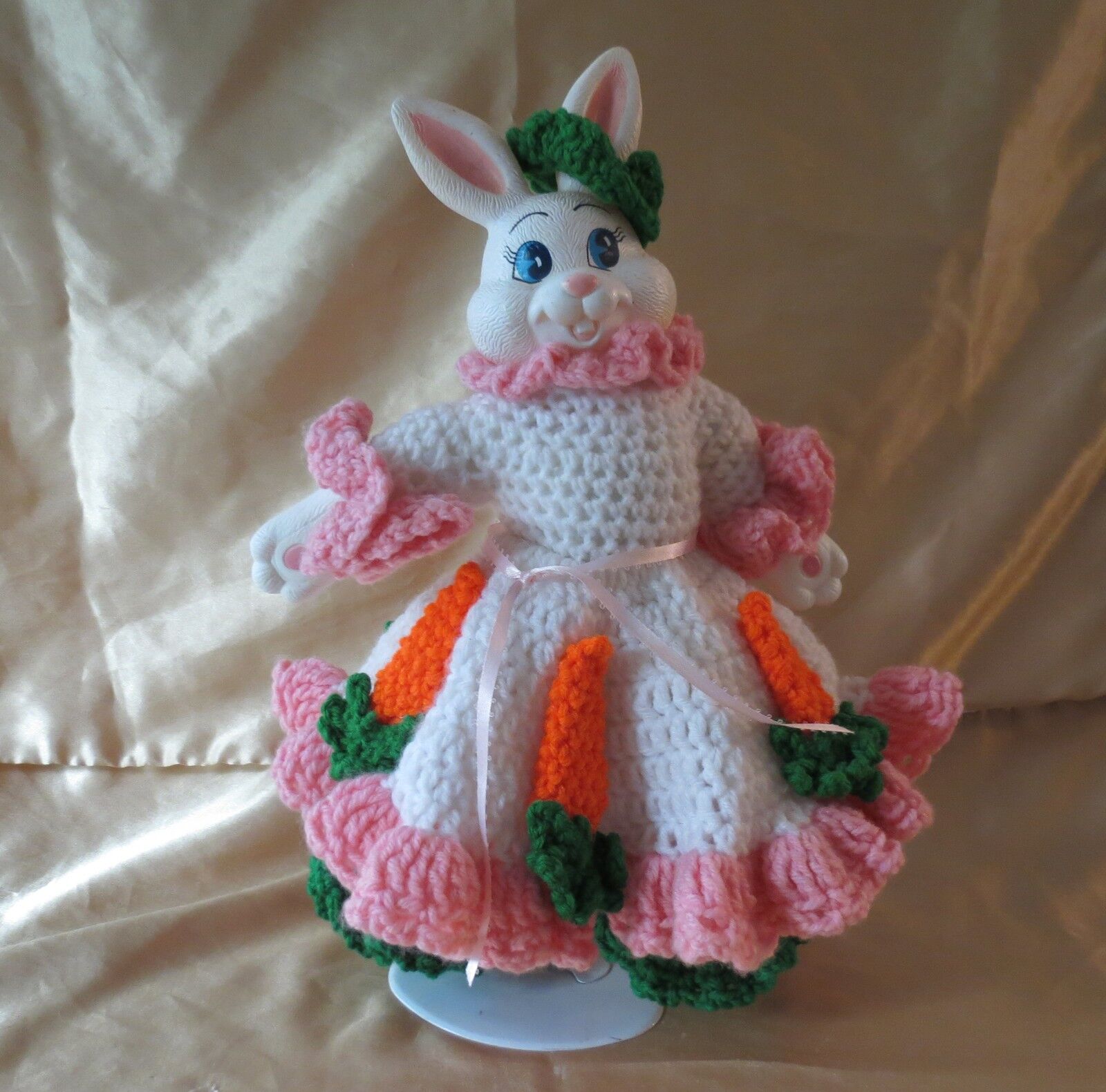 14 inch Easter Bunny Rabbit Beautiful Crochet Knit White Pink Trim Orange Carrot