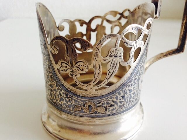 A  RUSSIAN SOLID SILVER HALLMARKED 875 ENAMELED NIELO VINTAGE  TEA CUP HOLDER