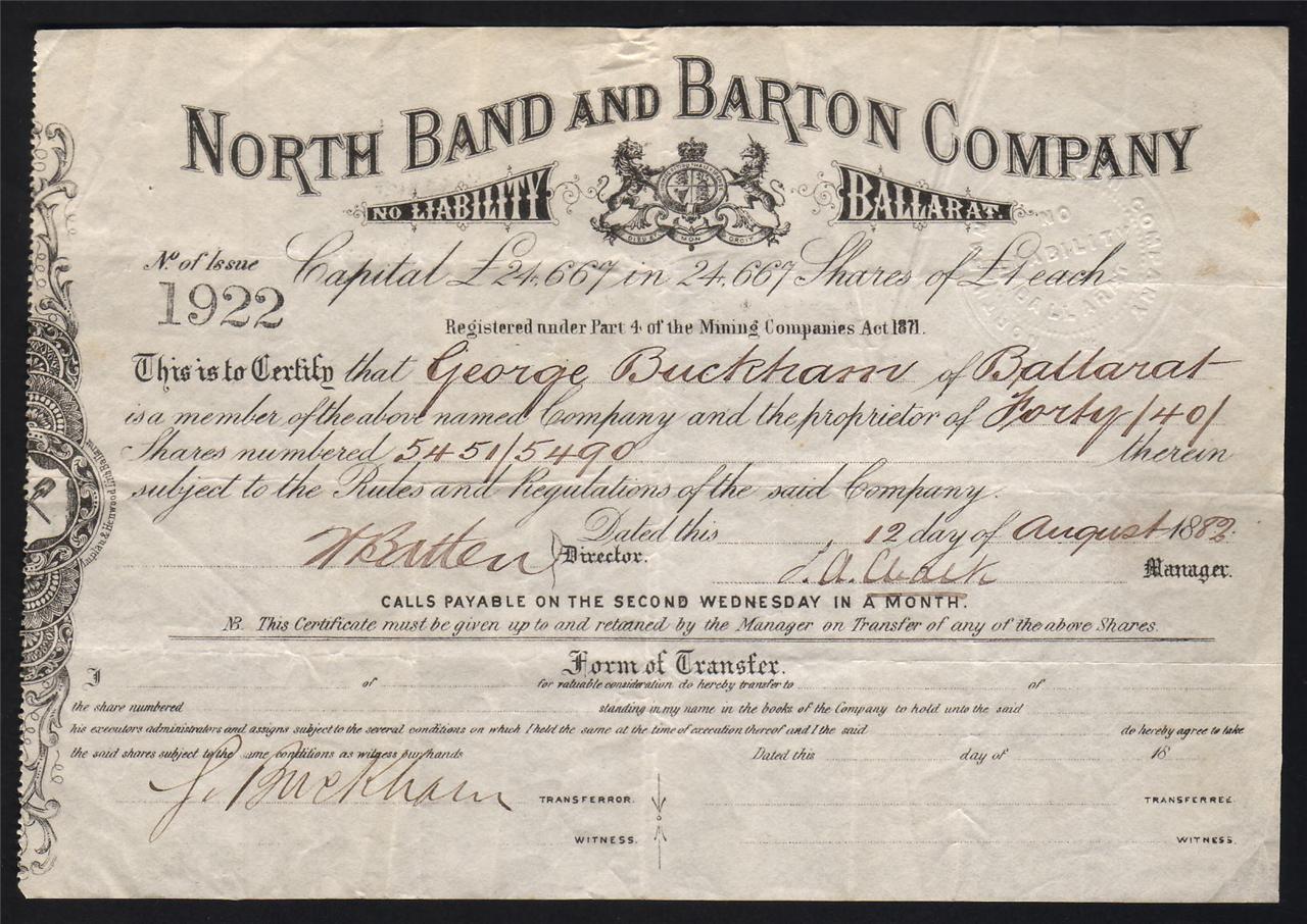 Share Scrip - Gold Mining. North Band & Barton Co N/L - Ballarat Vic..  1882