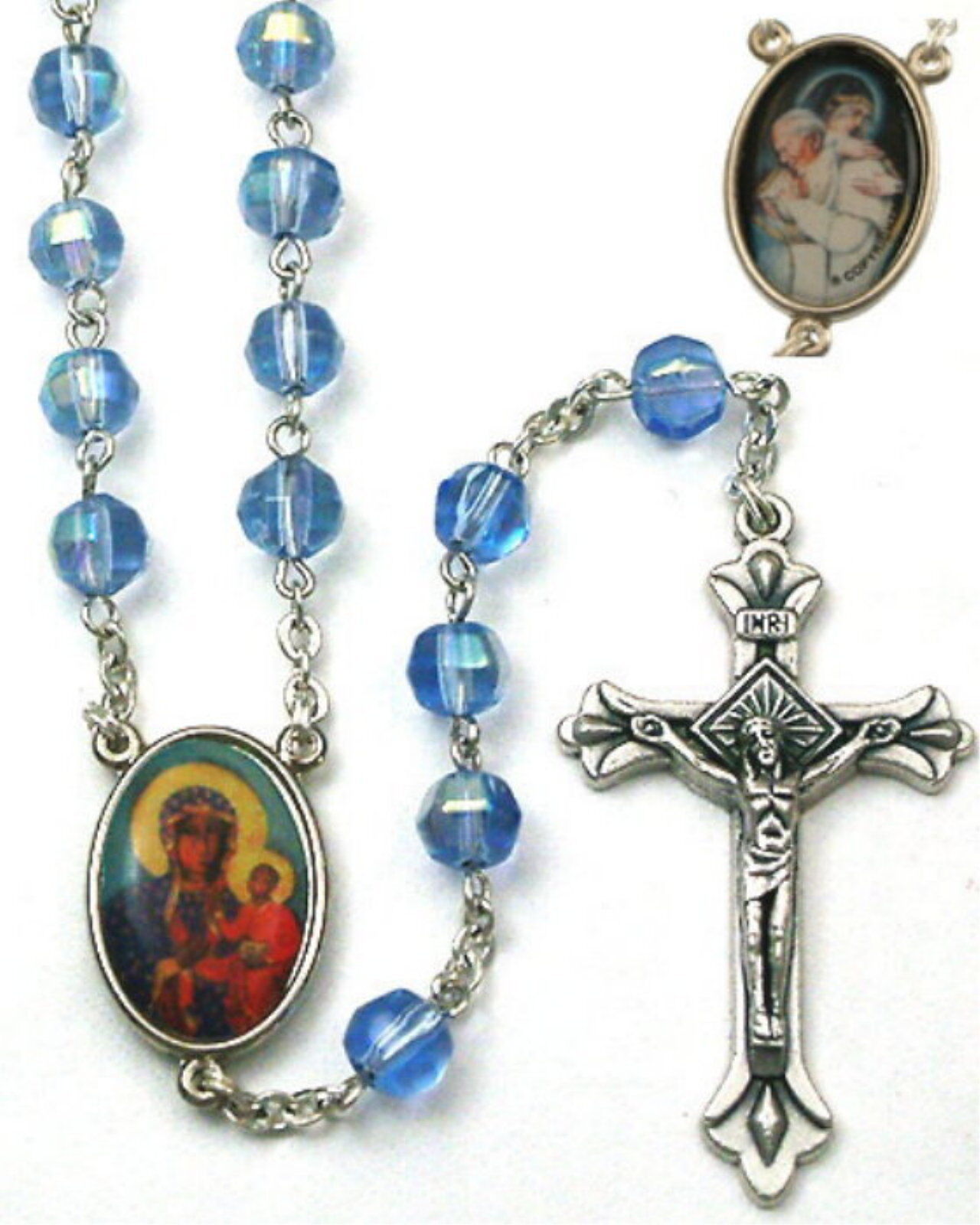 NEW MADE IN ITALY BLACK MADONNA OF CZESTOCHOWA ROSARY BLUE AURORA CRYSTAL 
