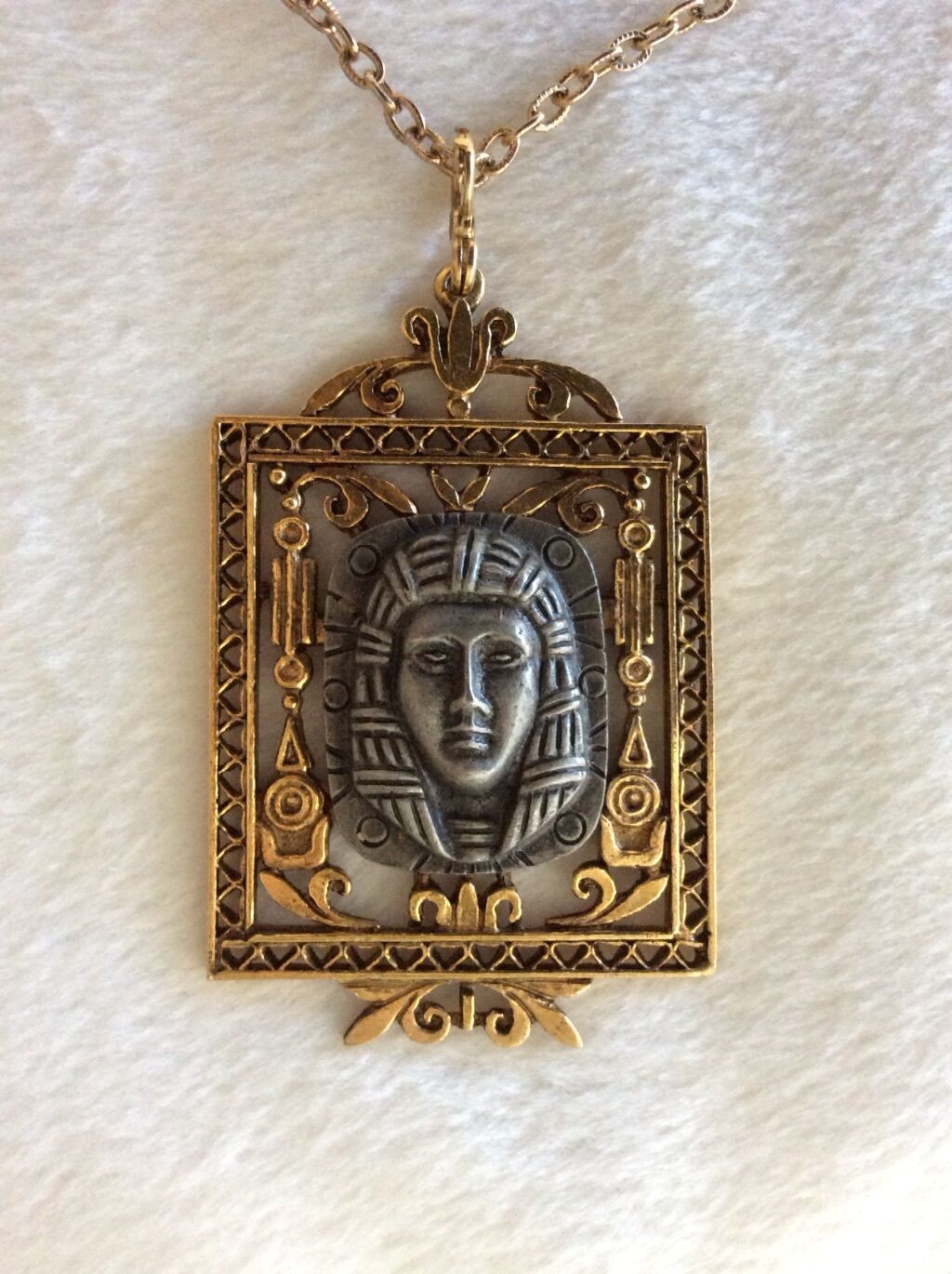 Vintage Gold Tone Pewter Egyptian Pharaoh Medallion Necklace Signed ART