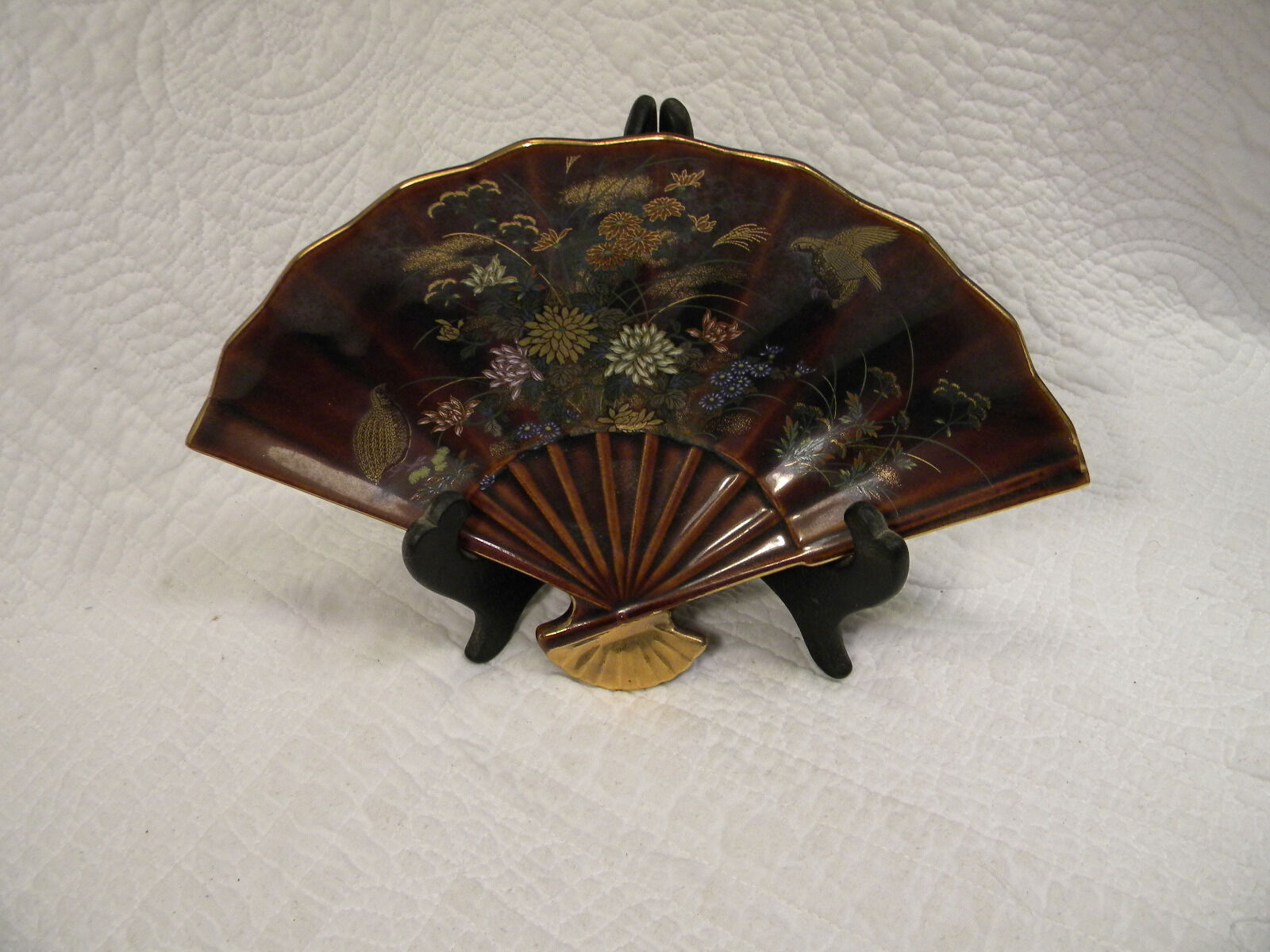 Vintage JAMAJI OMC Japan Brown Floral and Pheasants Fan Shaped Plate w/Stand