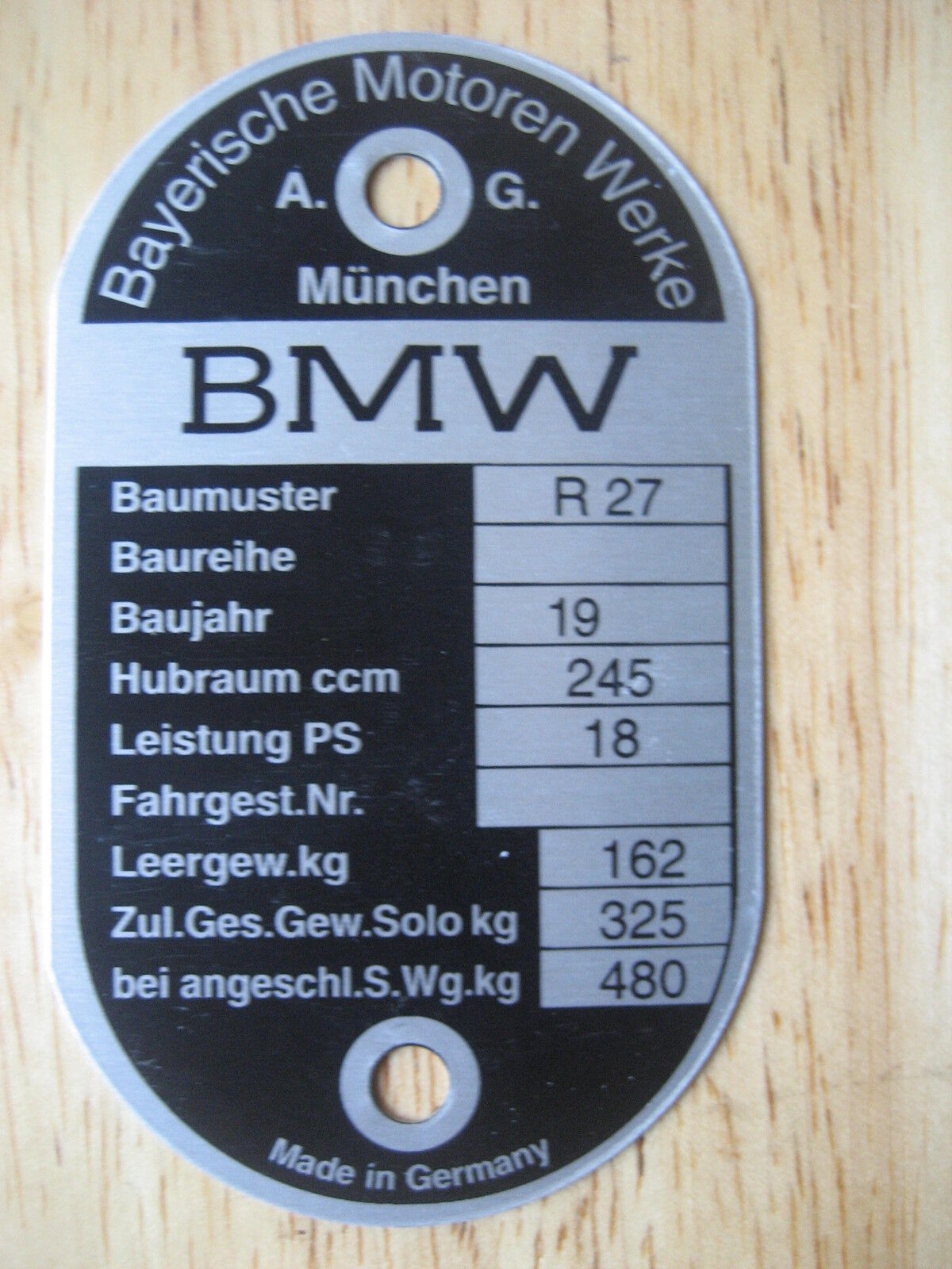 VINTAGE BMW FRAME I.D. TAG FOR R27