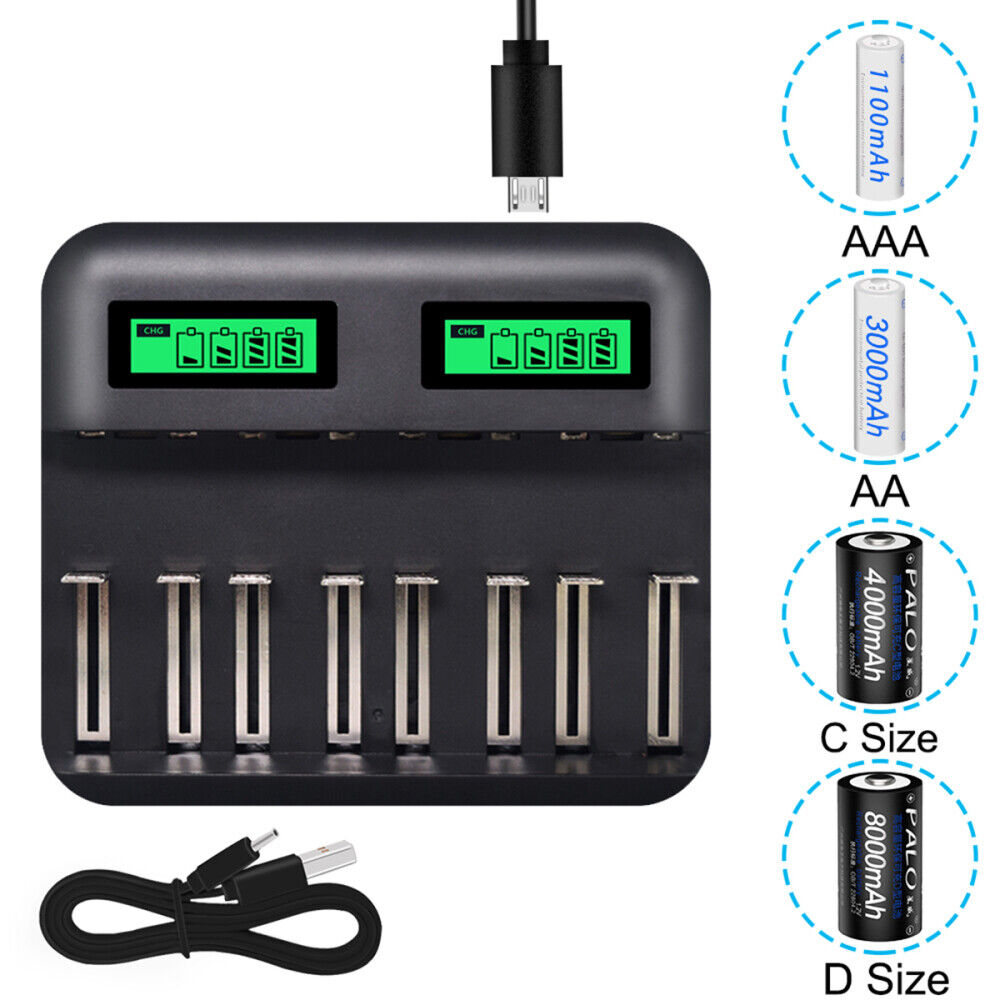 8 Slots Intelligent LCD Display USB Battery Charger for AA AAA C D Size Battery