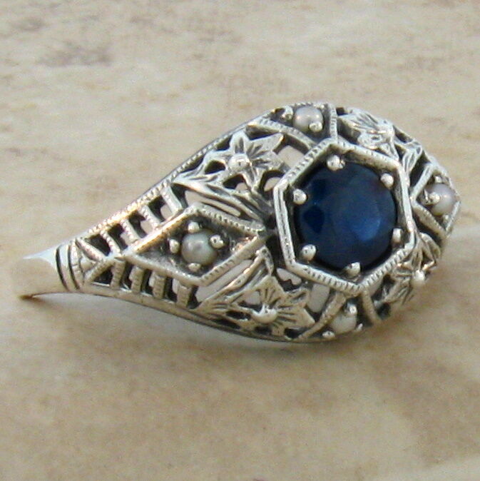 ANTIQUE ART DECO STYLE GENUINE  SAPPHIRE SEED PEARL .925 SILVER RING Sz 9, #69