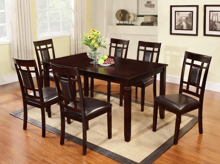 7Pc Cappuccino Finish Solid Wood Frame Dining Room Table Set, Table and 6 Chairs