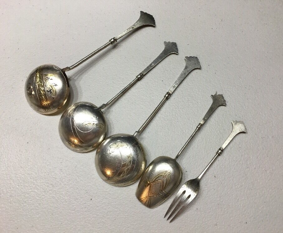 Russian Imperial Silver 84 Gold Wash Set Of 4 Spoons And 1 Fork 120 Grams