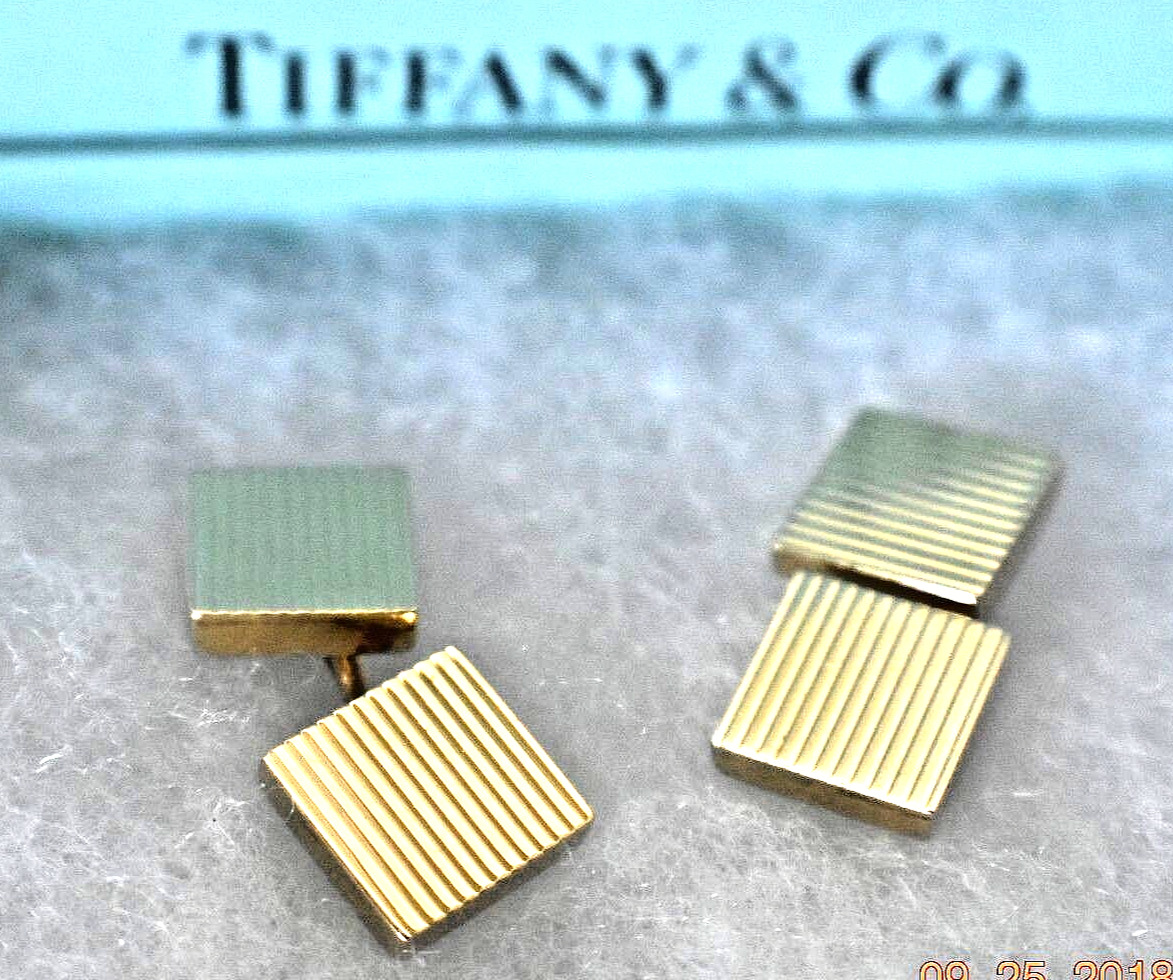 Tiffany & Co Cufflinks Rare Textured 14K Gold Square Ribbed & Pouch