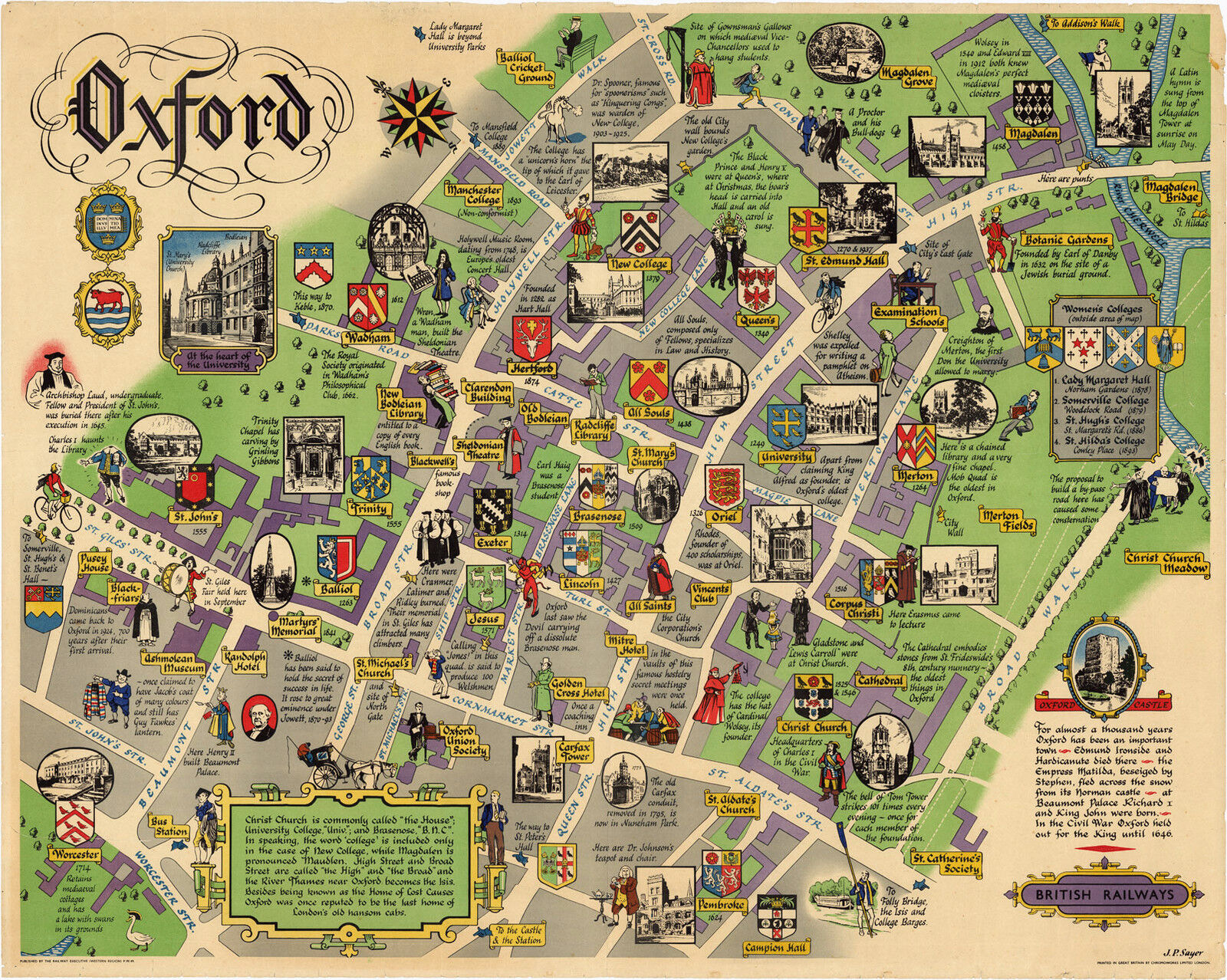 Pictorial Map of Oxford London British Railways Historic Antique Wall Art Poster