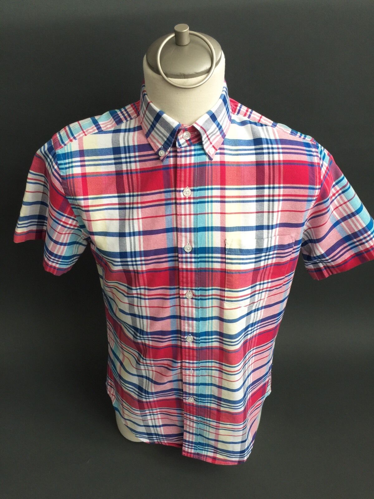 Men\'s J.Crew Small S Plaid Cotton Button-Down Shirt Short Sleeve Cotton Red Blue