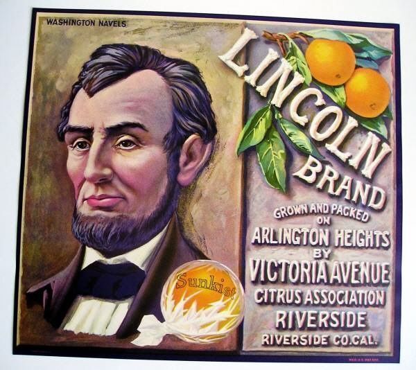 Authentic 1940s Abraham Lincoln Sunkist Orange Crate Label Color