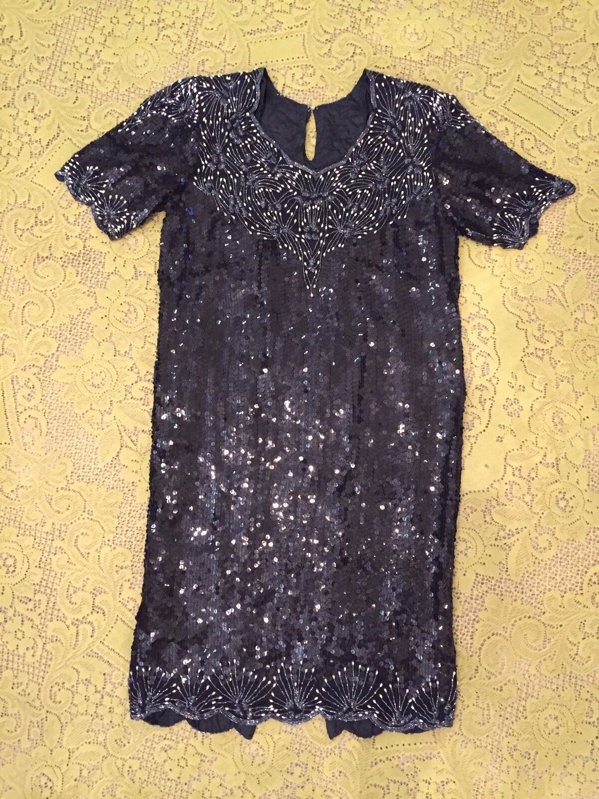 Vintage 80\'s Pearl Beads & Black Sequins Sheath Dress no tags Great Gatsby shiny