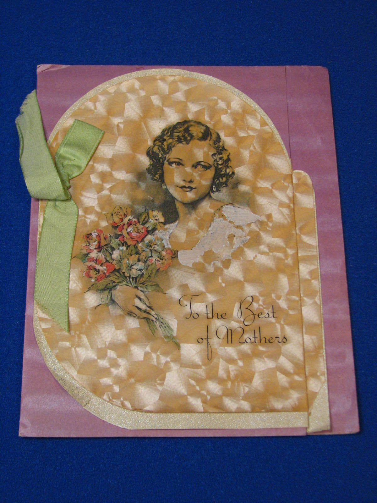 Vintage Mothers Day Card Old Hollywood Regency Pink Metallic Greeting Ribbon Mom