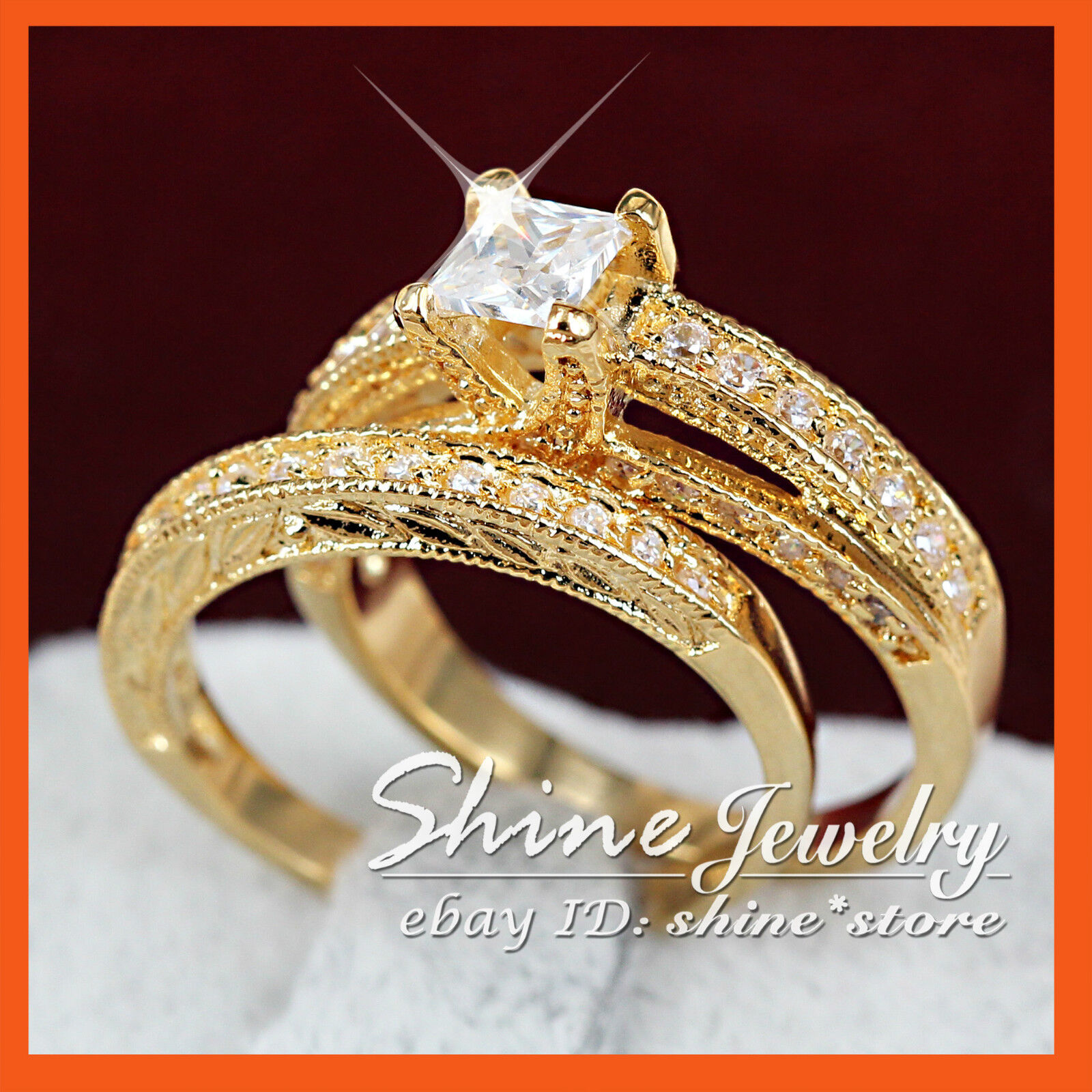 9K GOLD GF R196 VINTAGE SQUARE 2CT LAB DIAMOND ENGAGEMENT WEDDING SOLID RING SET