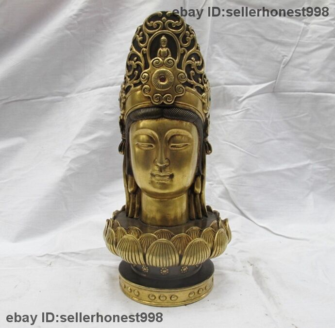 Chinese 100% Bronze 24K Gold Buddhism Kwan-Yin Bodhisattva Buddha Head Statue