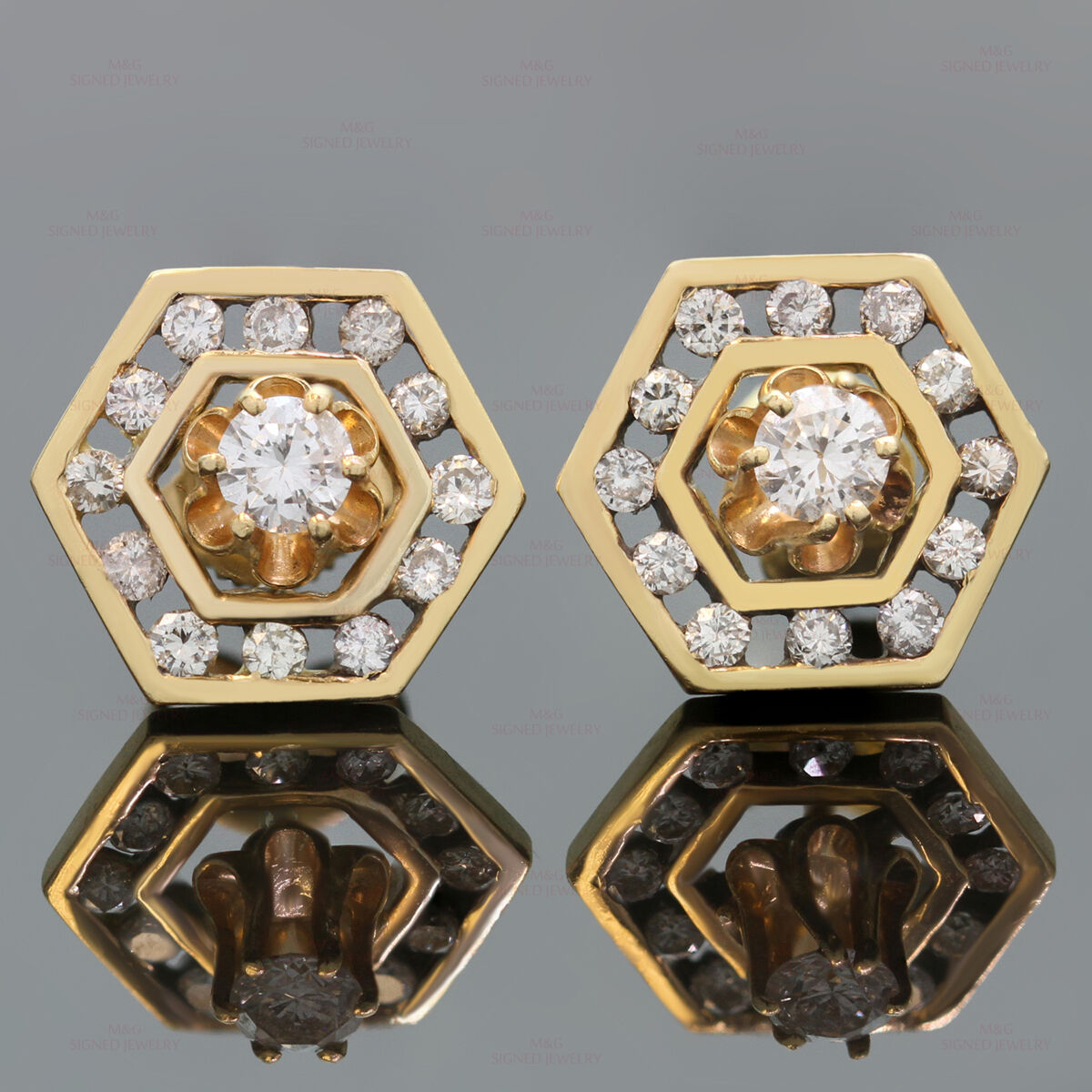 1980s Diamond 14k Yellow Gold Hexagon Earrings