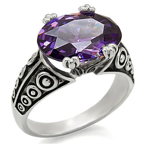 Sumptuous 16.08ctw Simulated Amethyst CZ Bali Style Stainless Steel Ring