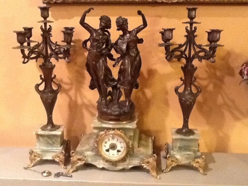 French Bronze Onyx AD Mougin Victorian Mantle Clock & Candelabras SCIENCE