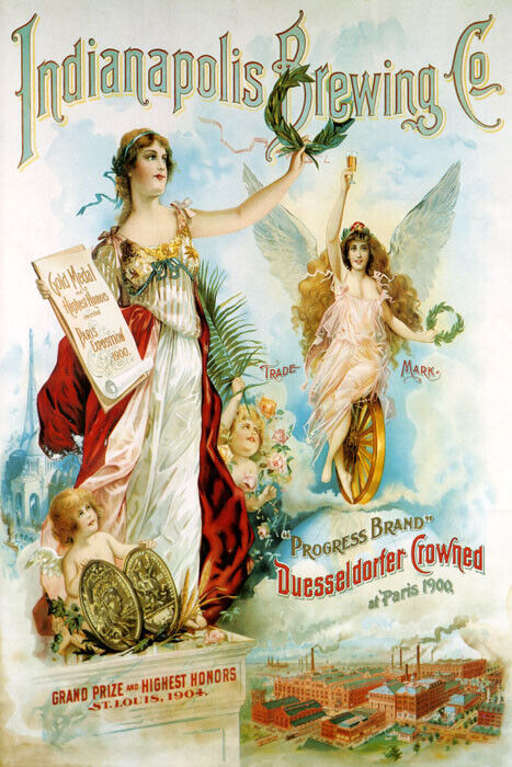 1900 AMERICAN BEER INDIANAPOLIS BREWING GODDESS VICTORY VINTAGE POSTER REPRO