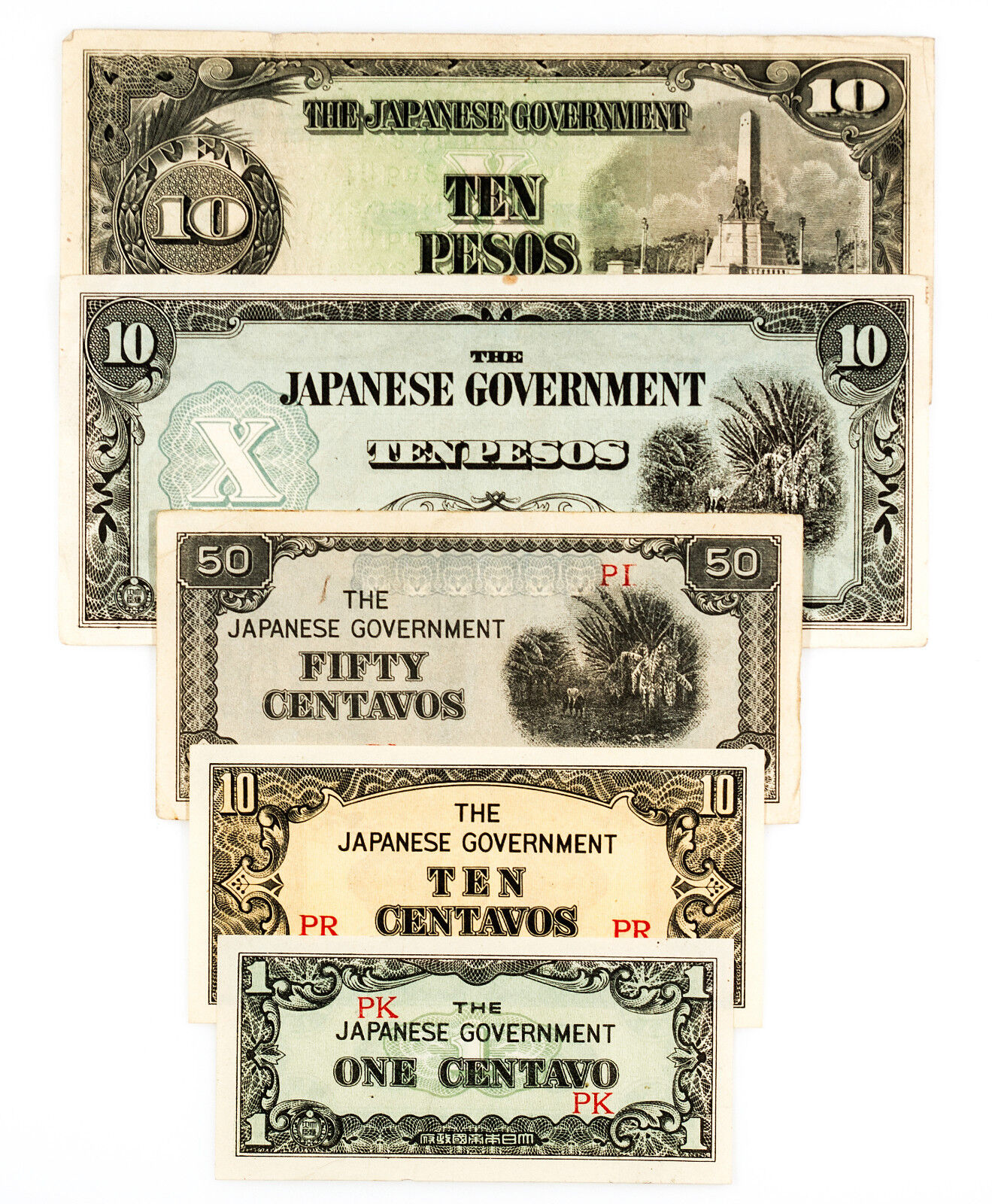 5 diff. WW2 Philippines 1940\'s Japanese invasion paper money circ.-Au