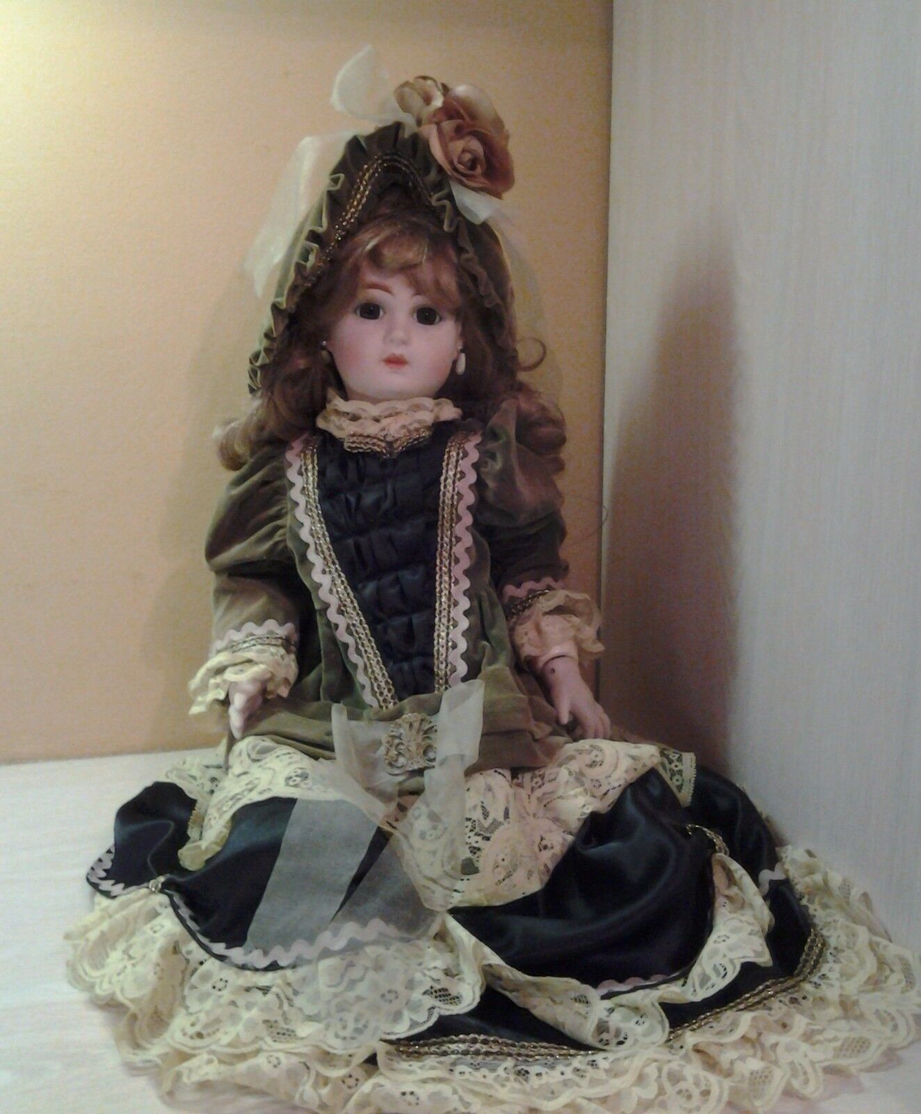 Antique Vintage Jumeau Large 22 Inch Bisque Doll Lace  satin dress Hat Earrings