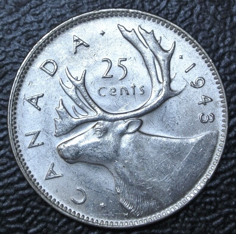OLD CANADIAN COIN 1943 - 25 CENTS - SILVER - George VI - WWII era - HIGH GRADE