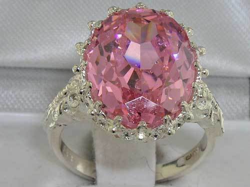  Sterling Silver 16x12mm Oval Pink Sapphire Cubic Zirconia Cocktail Ring