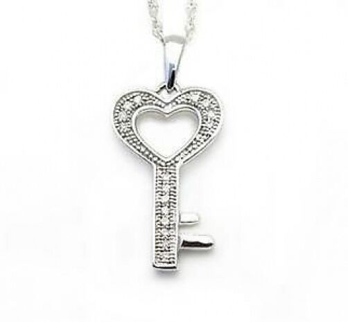 Big Value 100% 10K White Gold Genuine Diamond \'Key To My Heart\' Pendant