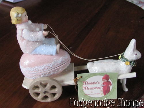 Bethany Lowe German Paper Mache Rabbit,and Girl on Easter Egg Container Wagon