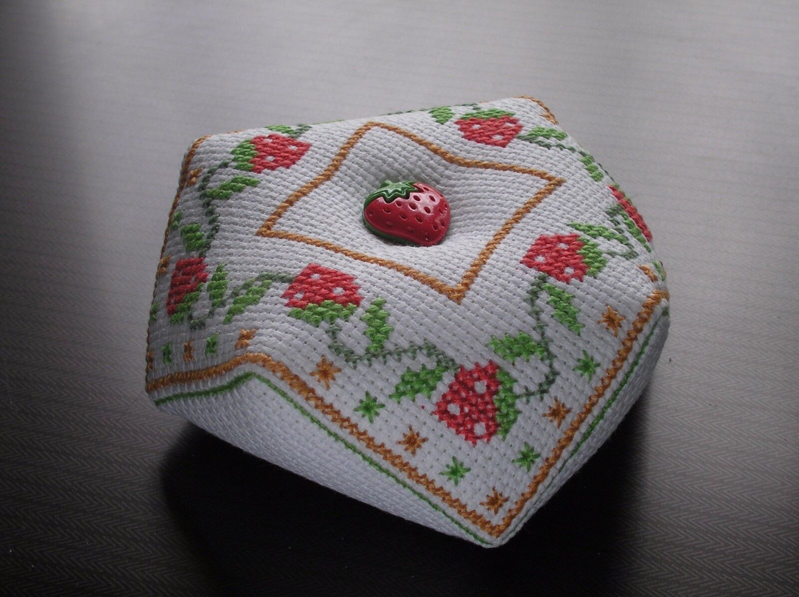Finished Completed Cross Stitch Biscornu Pincushion strawberry
