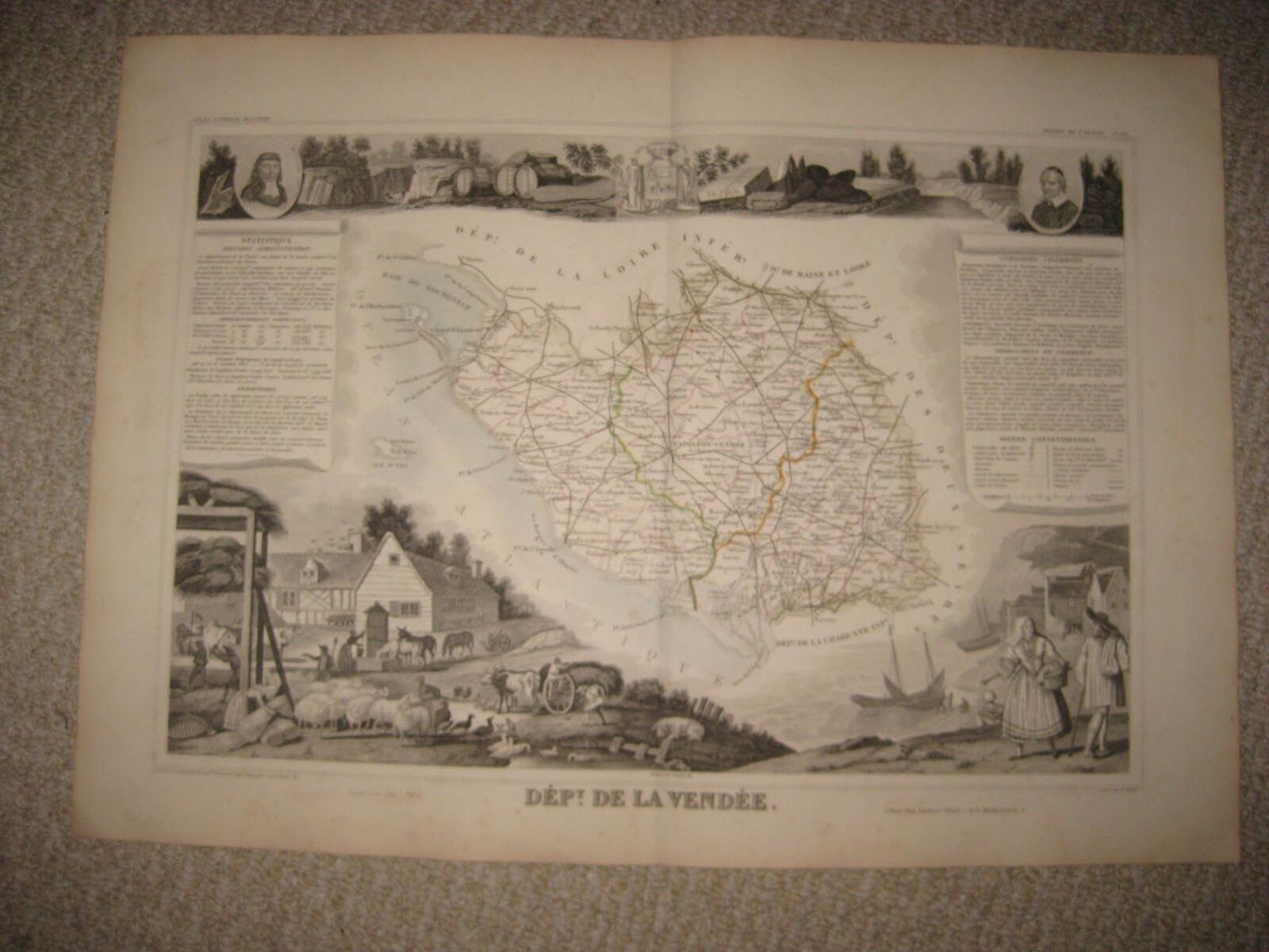 ANTIQUE 1856 VENDEE NAPOLEON FRANCE LEVASSEUR MAP WINE REGION ART VIGNETTE RARE