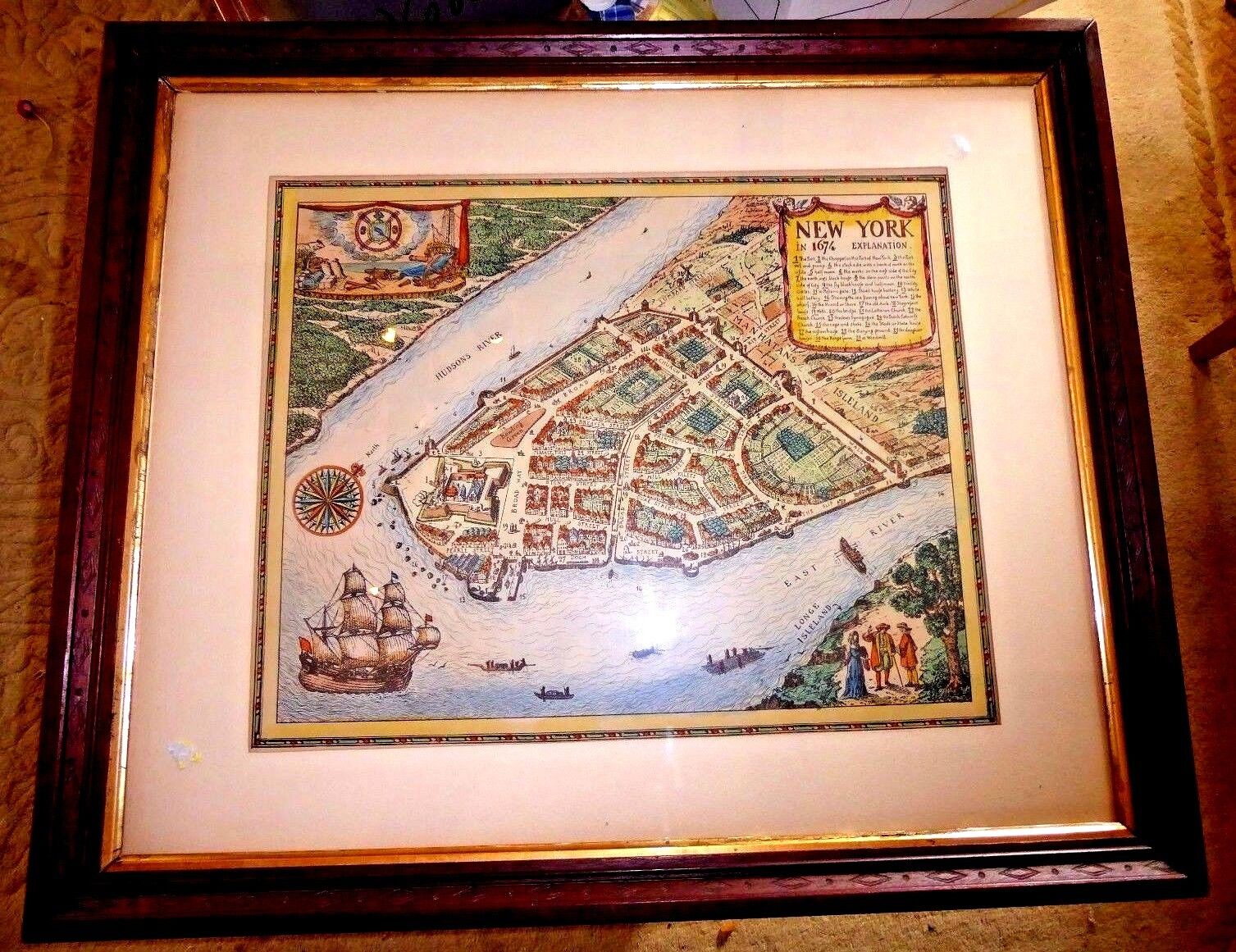 ANTIQUE LOVELY MAP OF NEW YORK 1674 HAND COLORED LOWER MANHATTAN BROOKLYN c.1900
