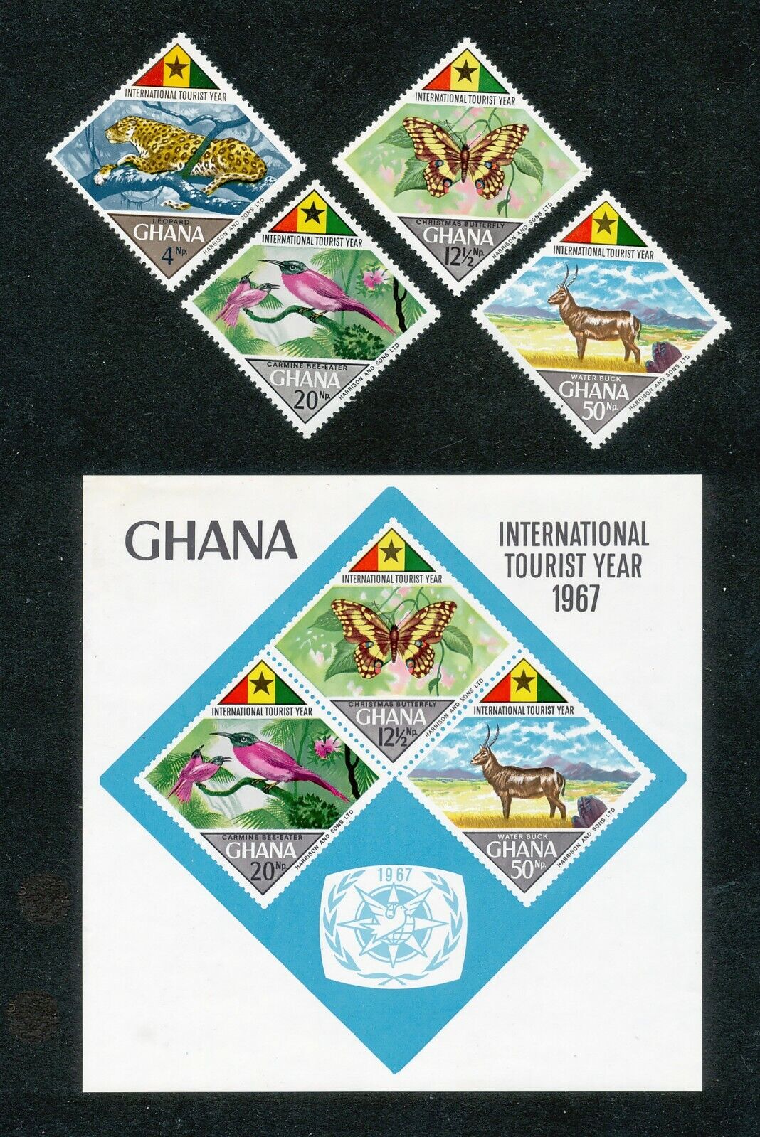GHANA - FAUNE Mammifères sauvages (2) + Papillon + Oiseau - 1967