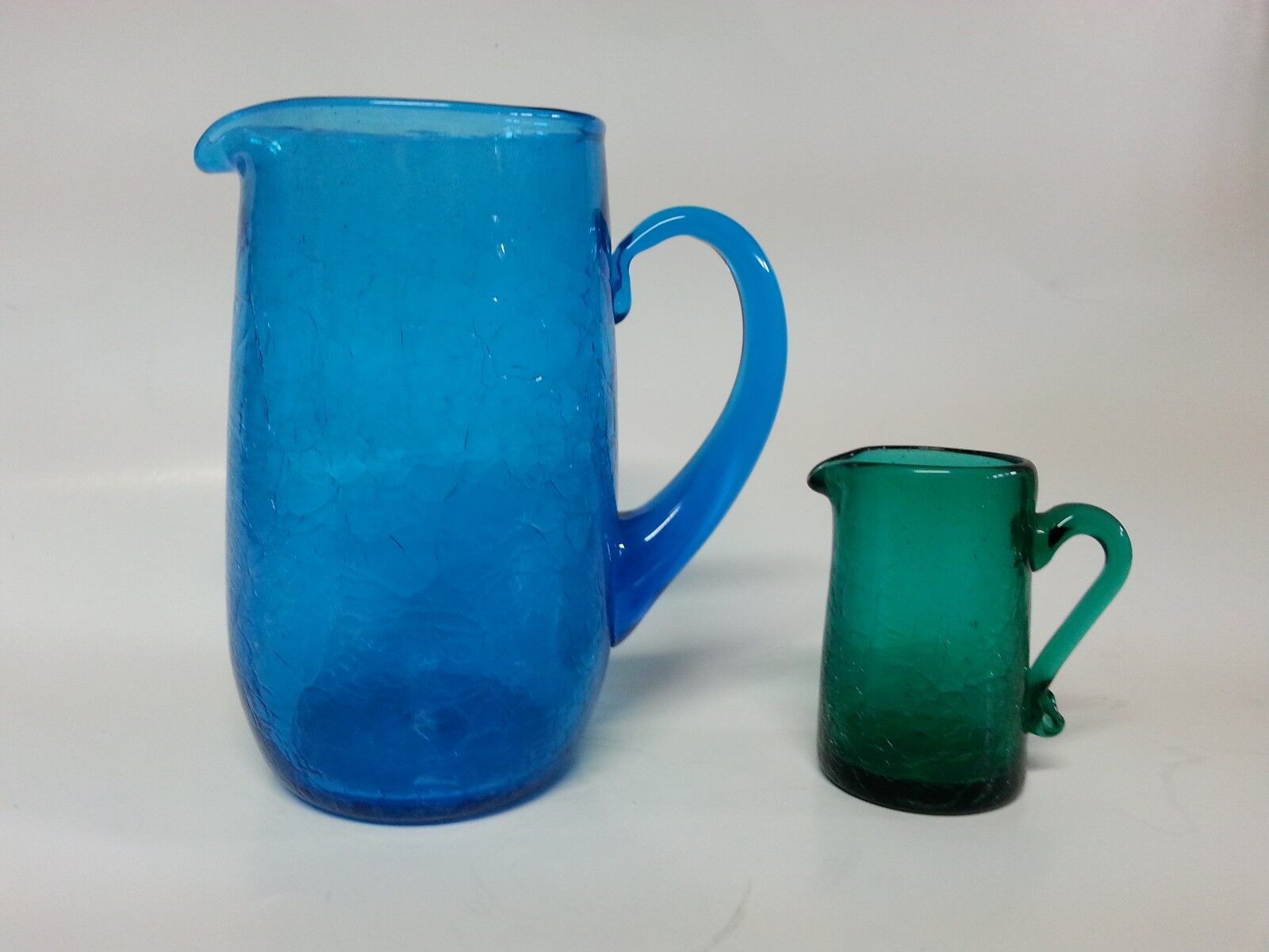 Vintage BLENKO CRACKLE GLASS PITCHER BLUE GREEN CREAMER RAINBOW ART MID CENTURY 