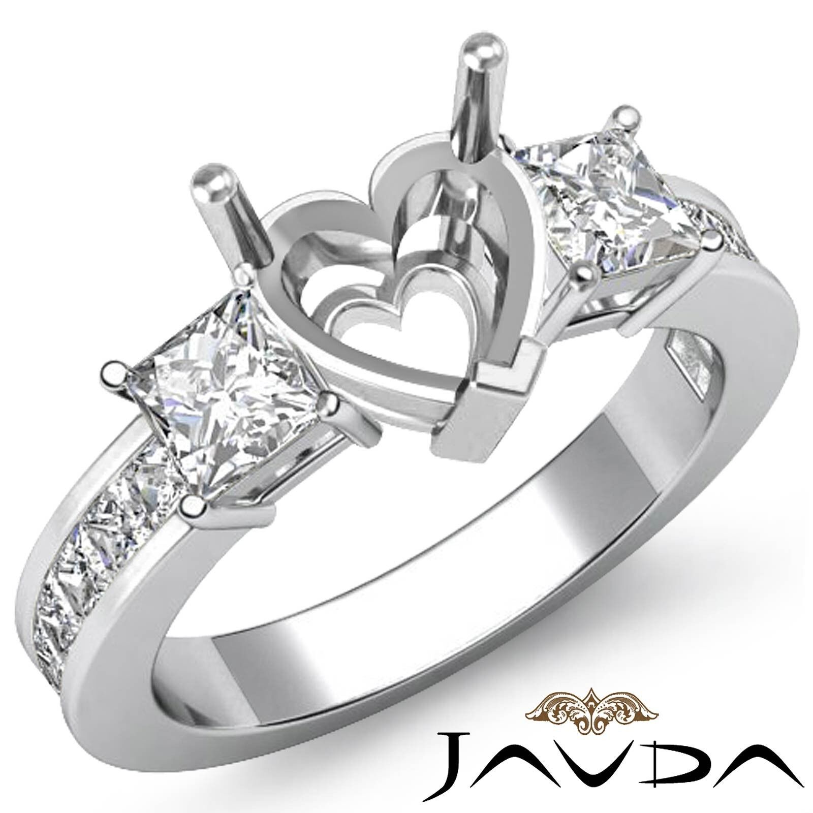 Three Stone Diamond Wedding Ring 14k White Gold Princess Heart Semi Mount 1.1Ct