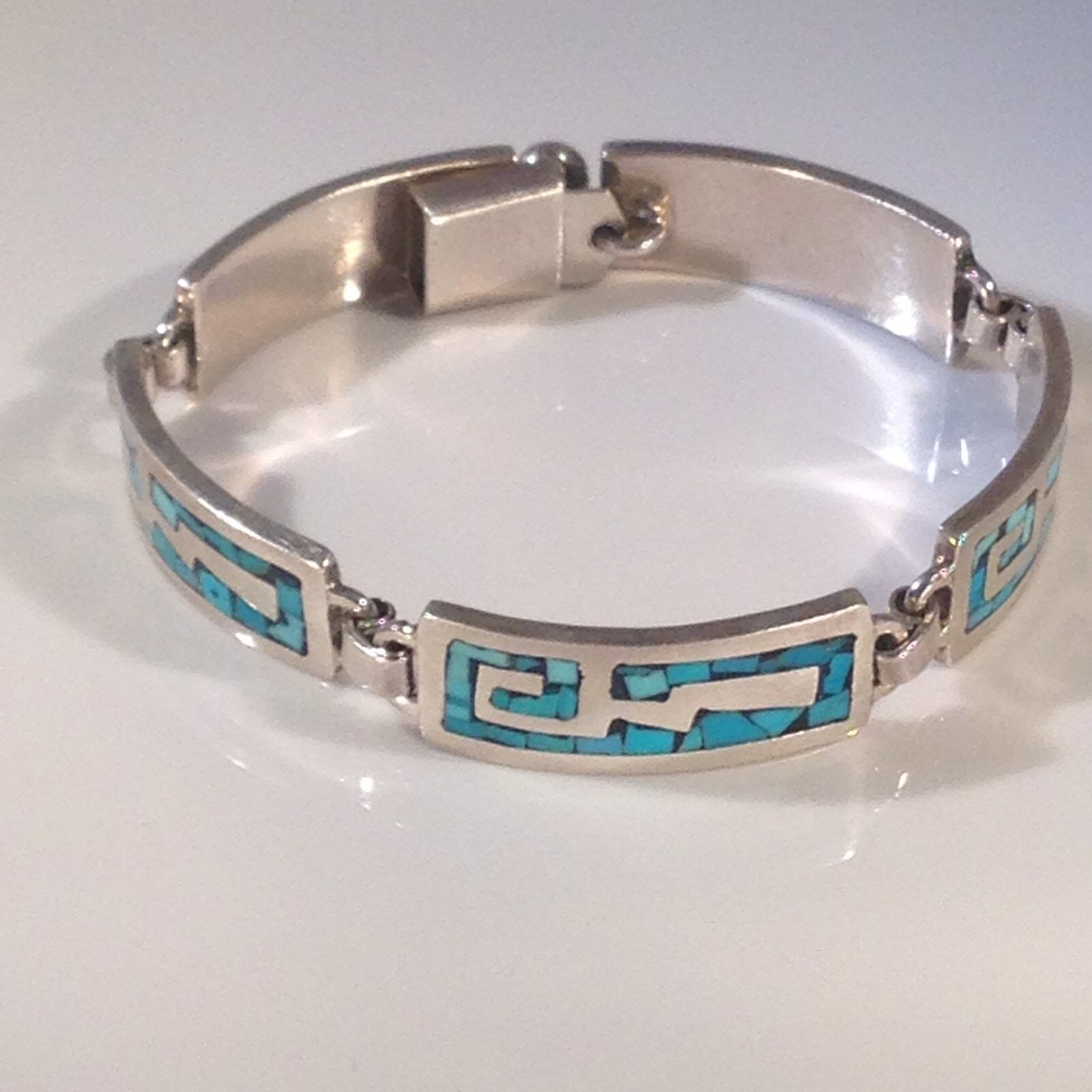 VINTAGE .925 STERLING SILVER TURQUOISE INLAY STATEMENT BRACELET MEXICO 5 LINKS