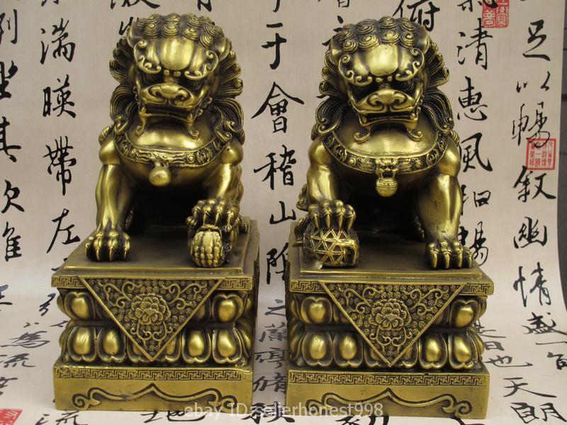 Chinese Royal Brass copper Palace Exorcise evil Guardian Door Foo Dog Lion Pair