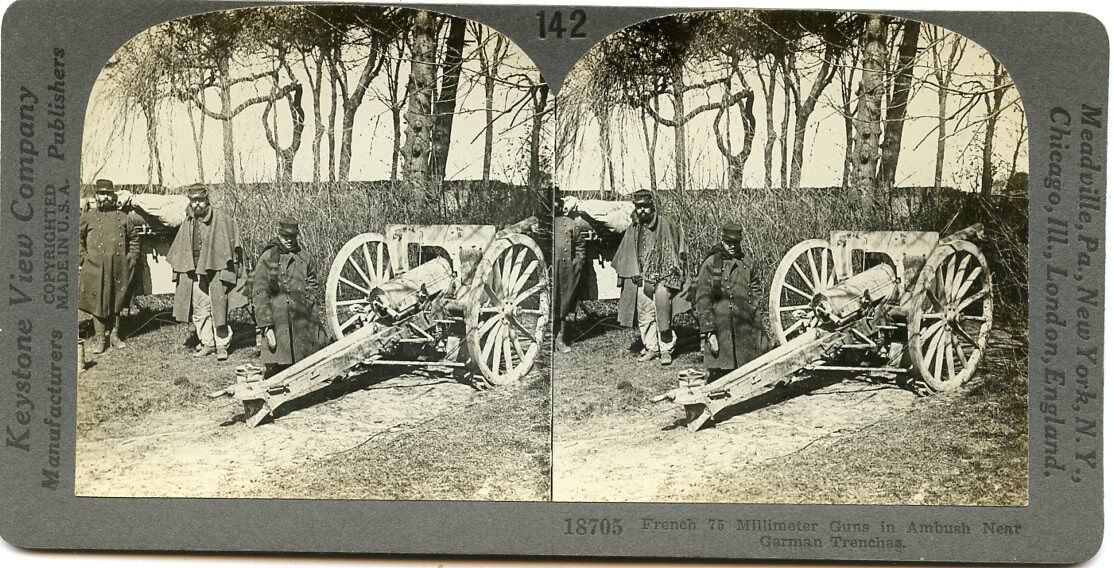 WWI FRENCH 75 MILLIMETER GUNS IN AMBUSH NEAR GERMAN TRENCHES STEREOVIEW SOLDIERS