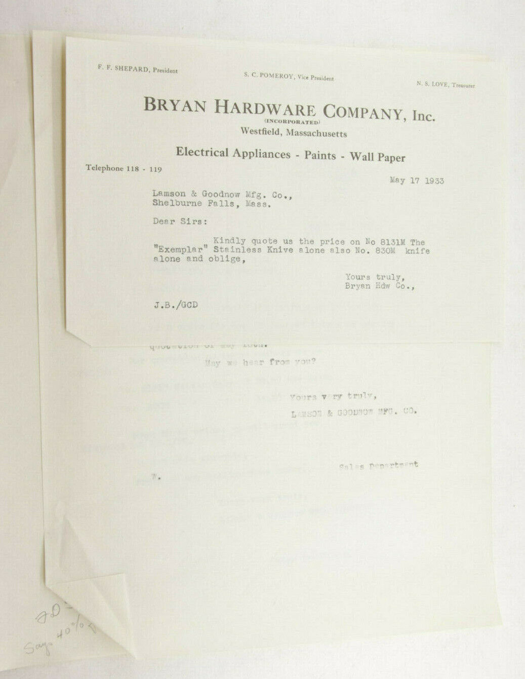 1933 Lamson Goodnow Bryan Hardware Co Westfield MA Quote Request Ephemera P816G