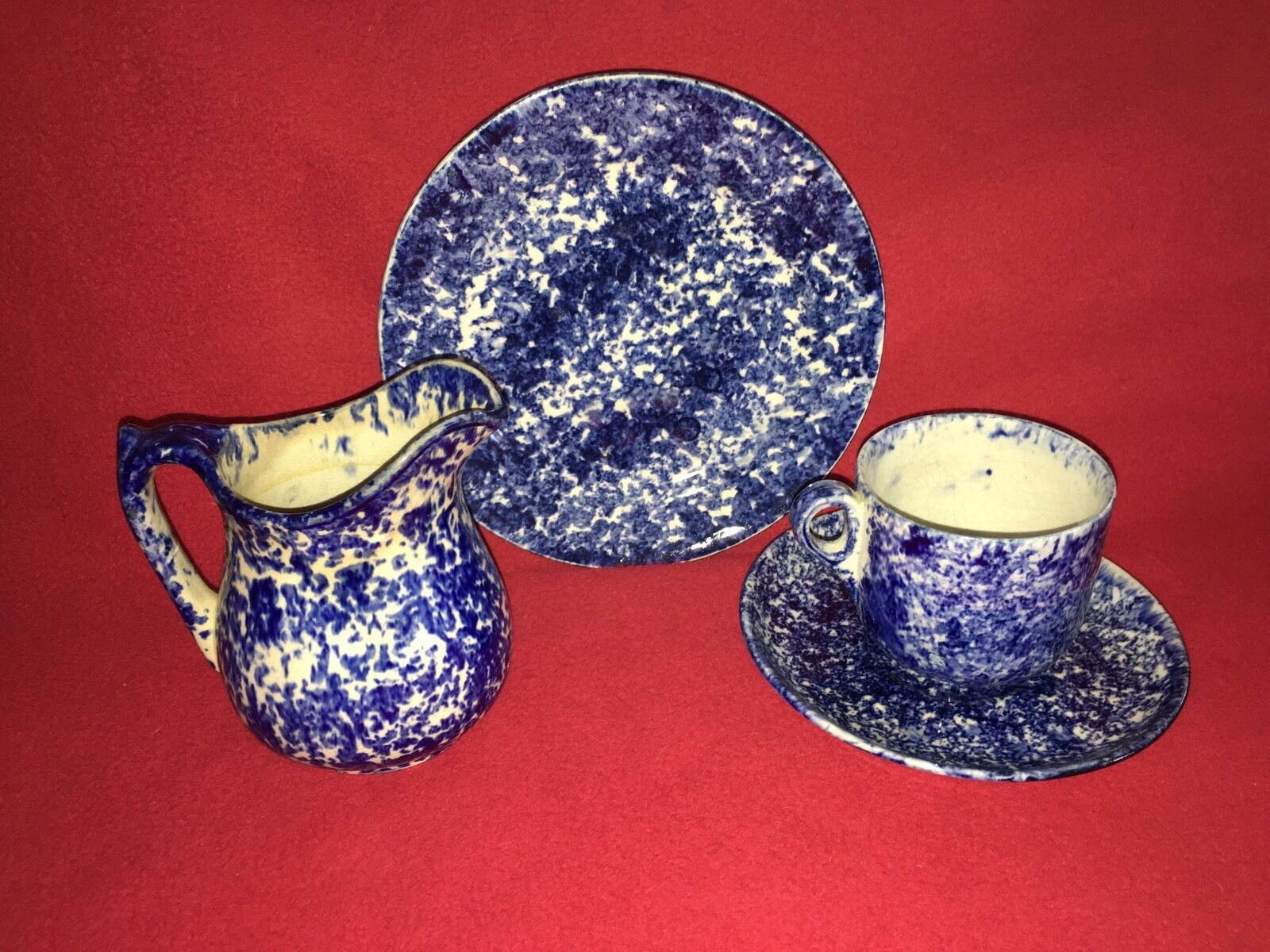 Antique Blue Spongeware Pitcher Plate Cup Saucer Ca. 1880\'s