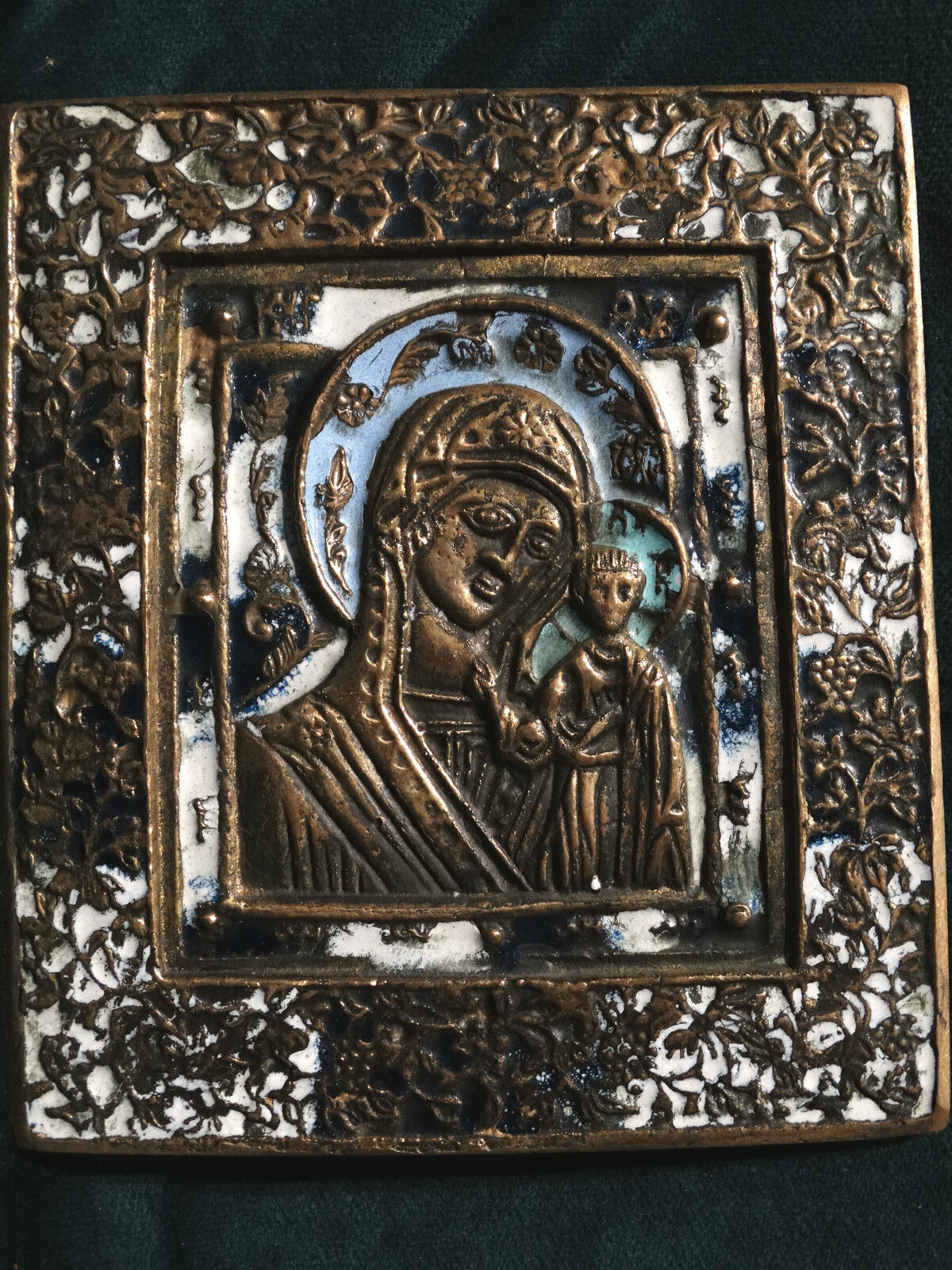  Russian orthodox enameled bronze Icon of Madonna Mother & Child