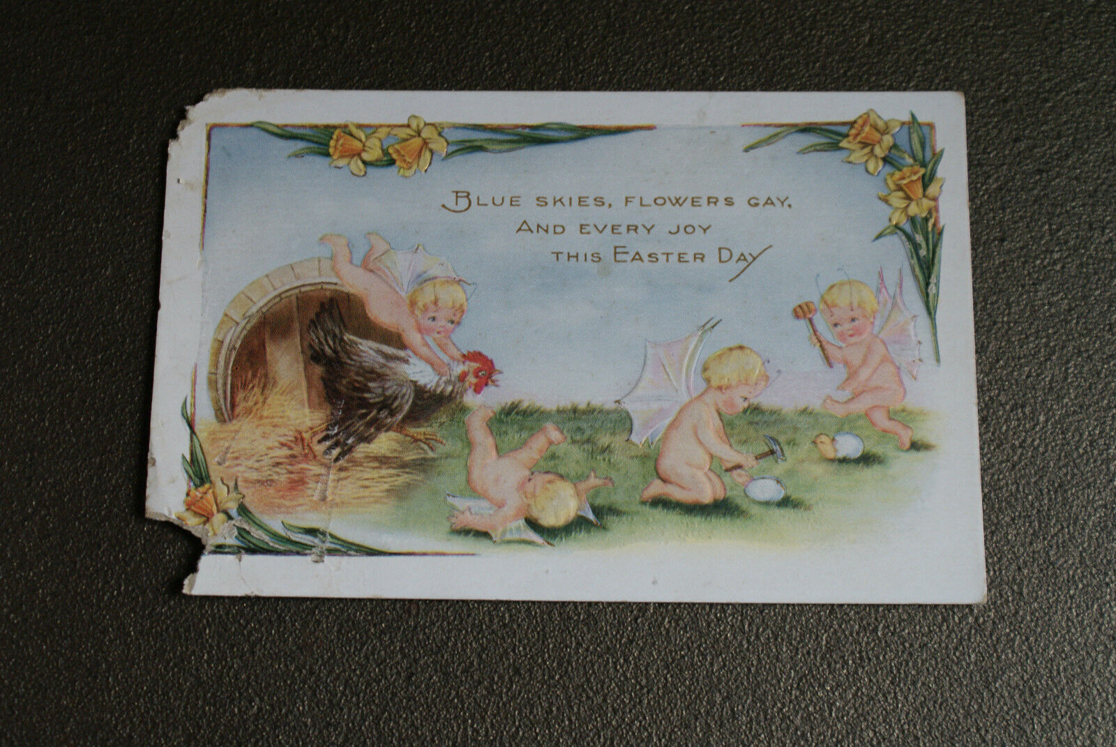 Old Vintage Antique Postcard Gay Joy Easter Cherubs Cupids Angels Babies Chicken