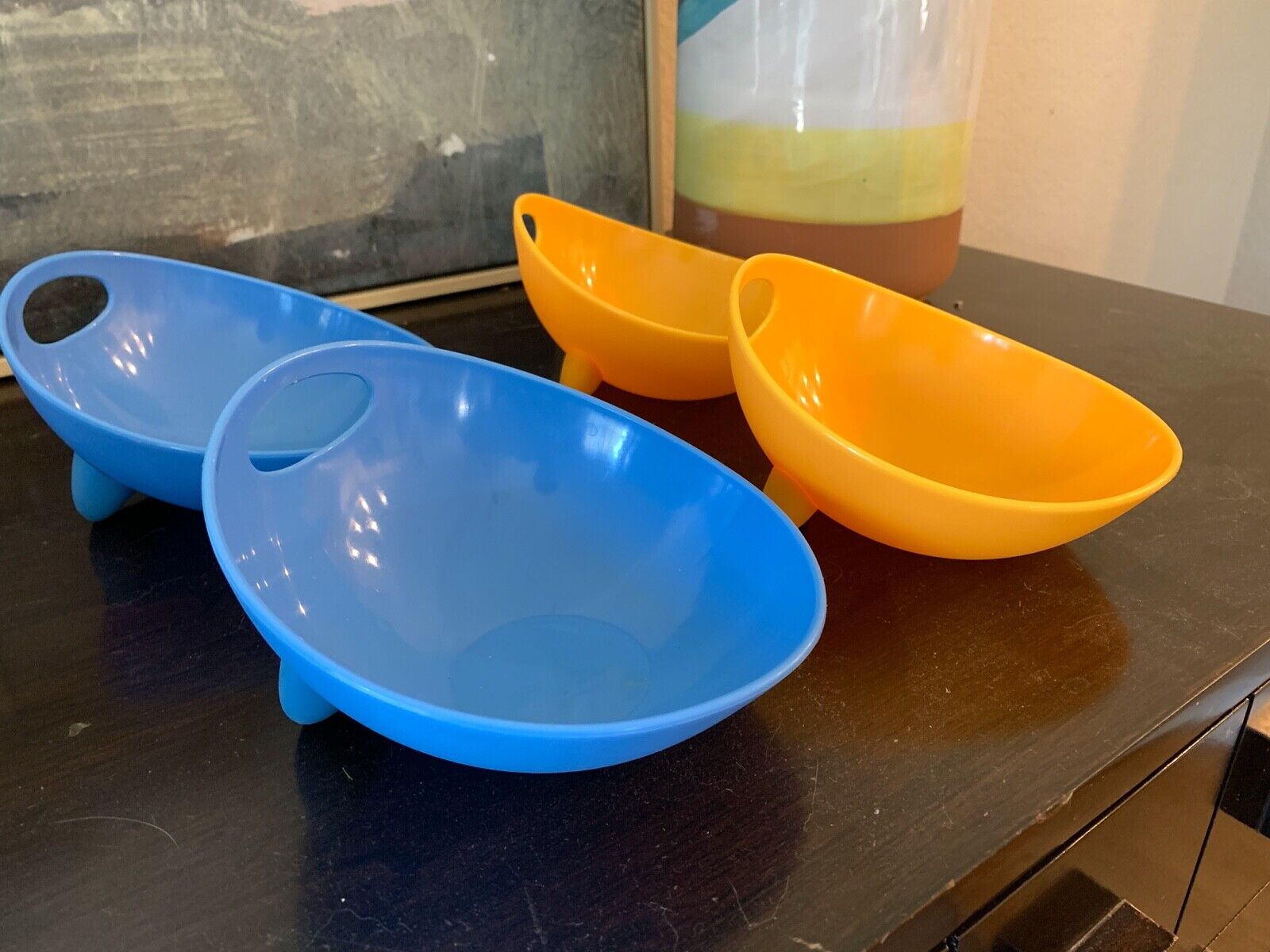 Qty 4 - WetNoz 1-Cup Studio Scoop Dog Cat plastic Dish Bowl Yellow Blue Small
