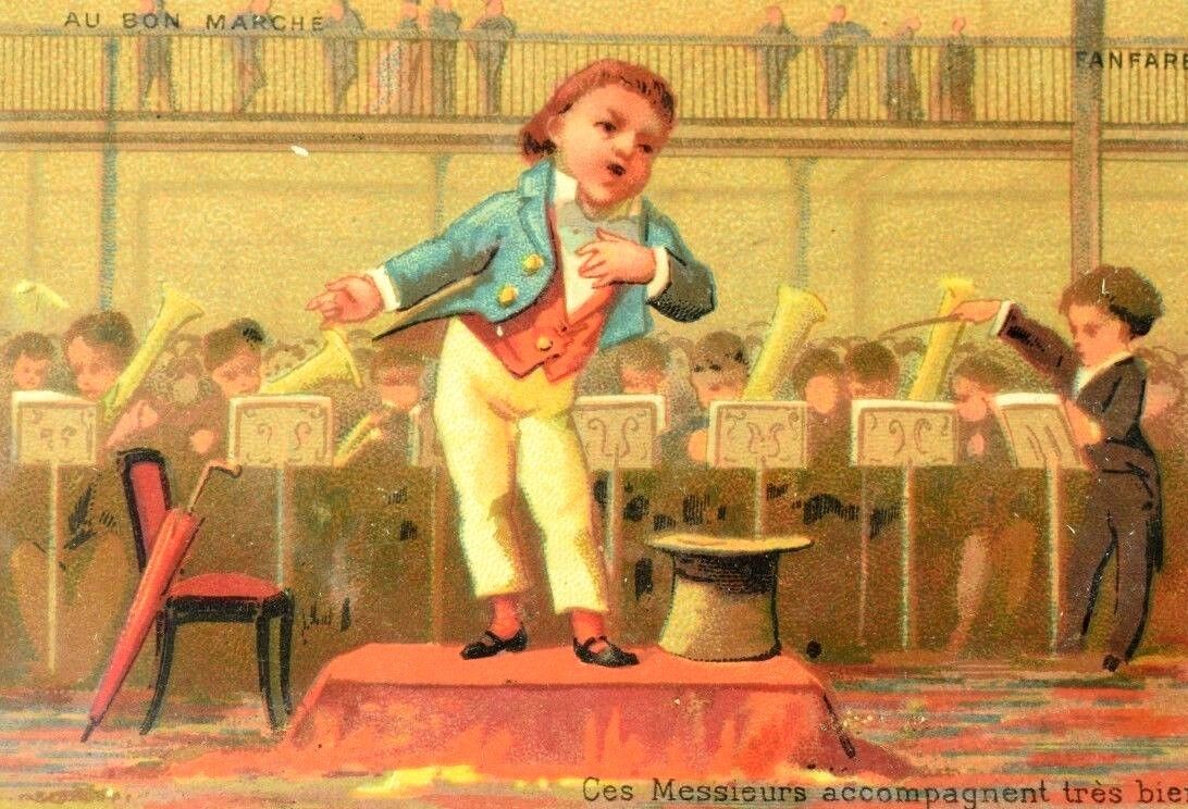 1880\'s Lovely Boy Singer Full Orchestra Bon Marche Paris Victorian Card F87