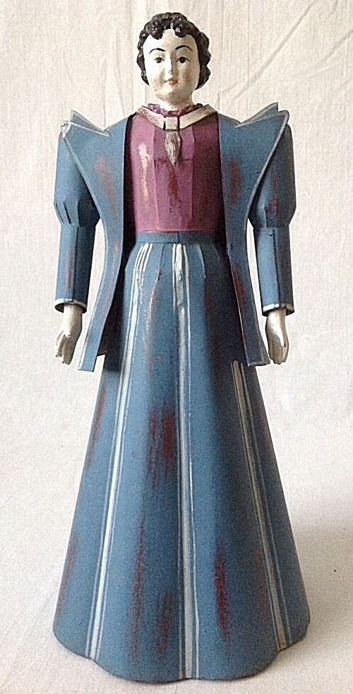 Palecek Woman Doll in Blue Dress Painted Tin Antique Reproduction Folk Art